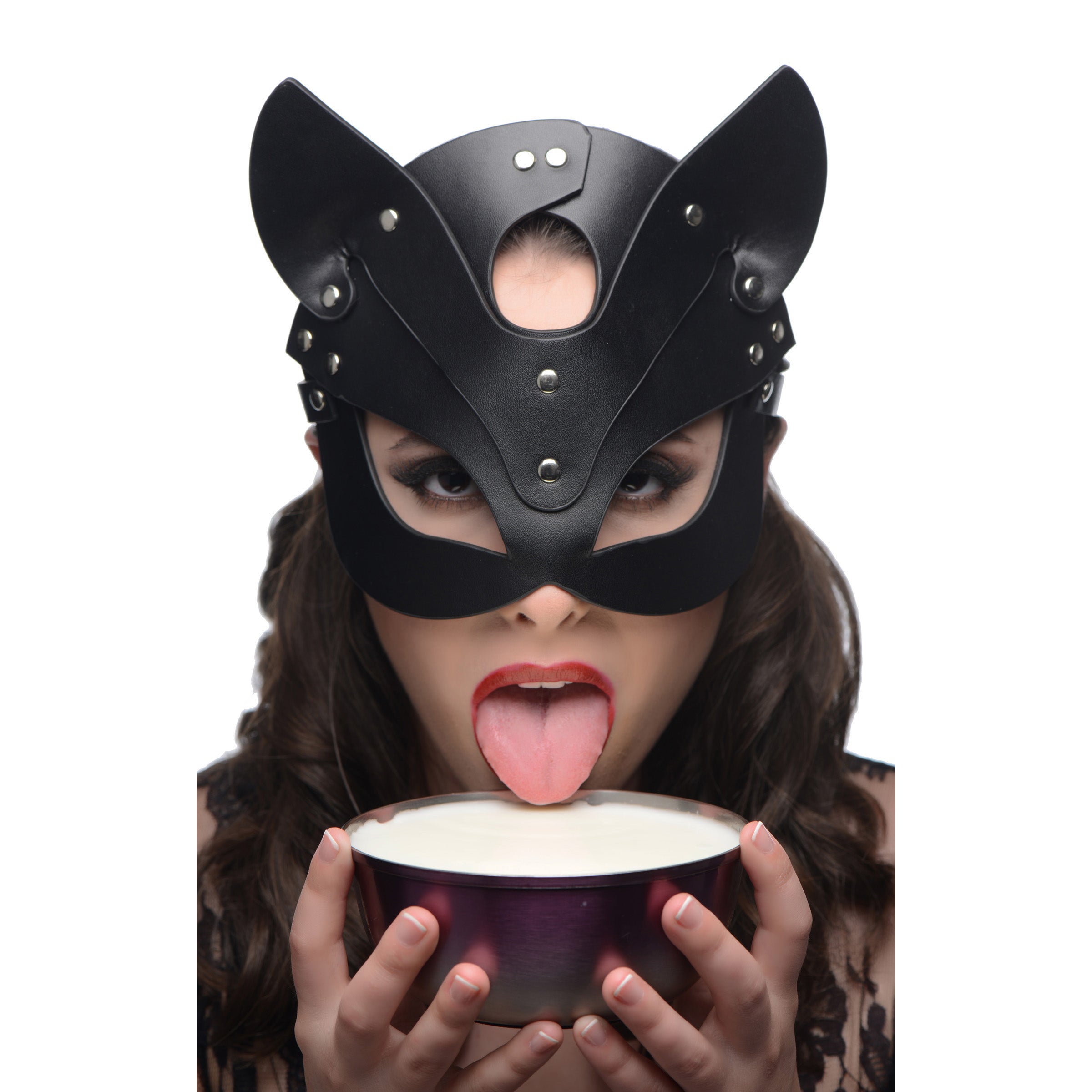 Naughty Kitty Cat Mask in black PU leather with cat ears and adjustable strap, featuring nickel-free metal studs.