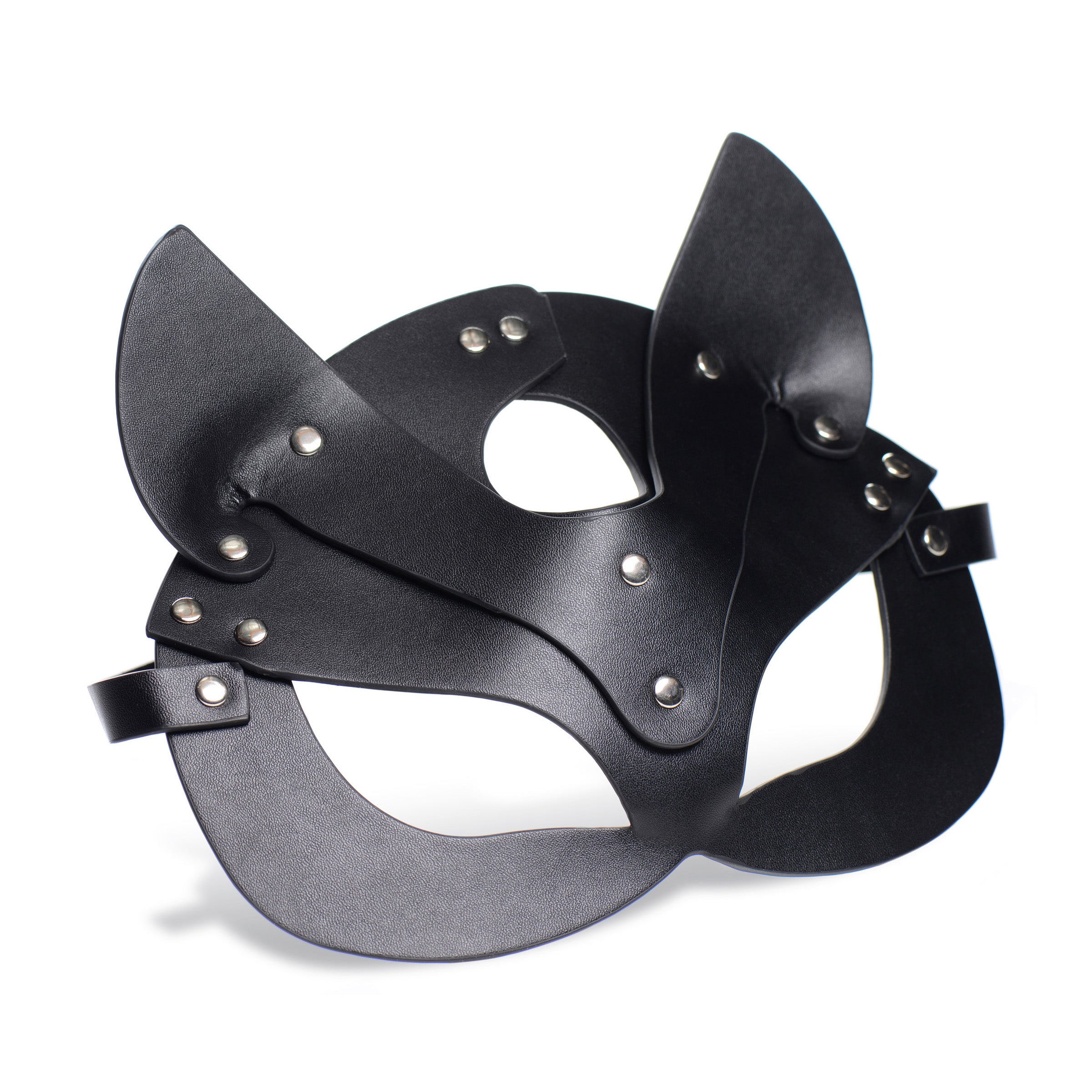 Naughty Kitty Cat Mask in black PU leather with cat ears and adjustable strap, featuring nickel-free metal studs.