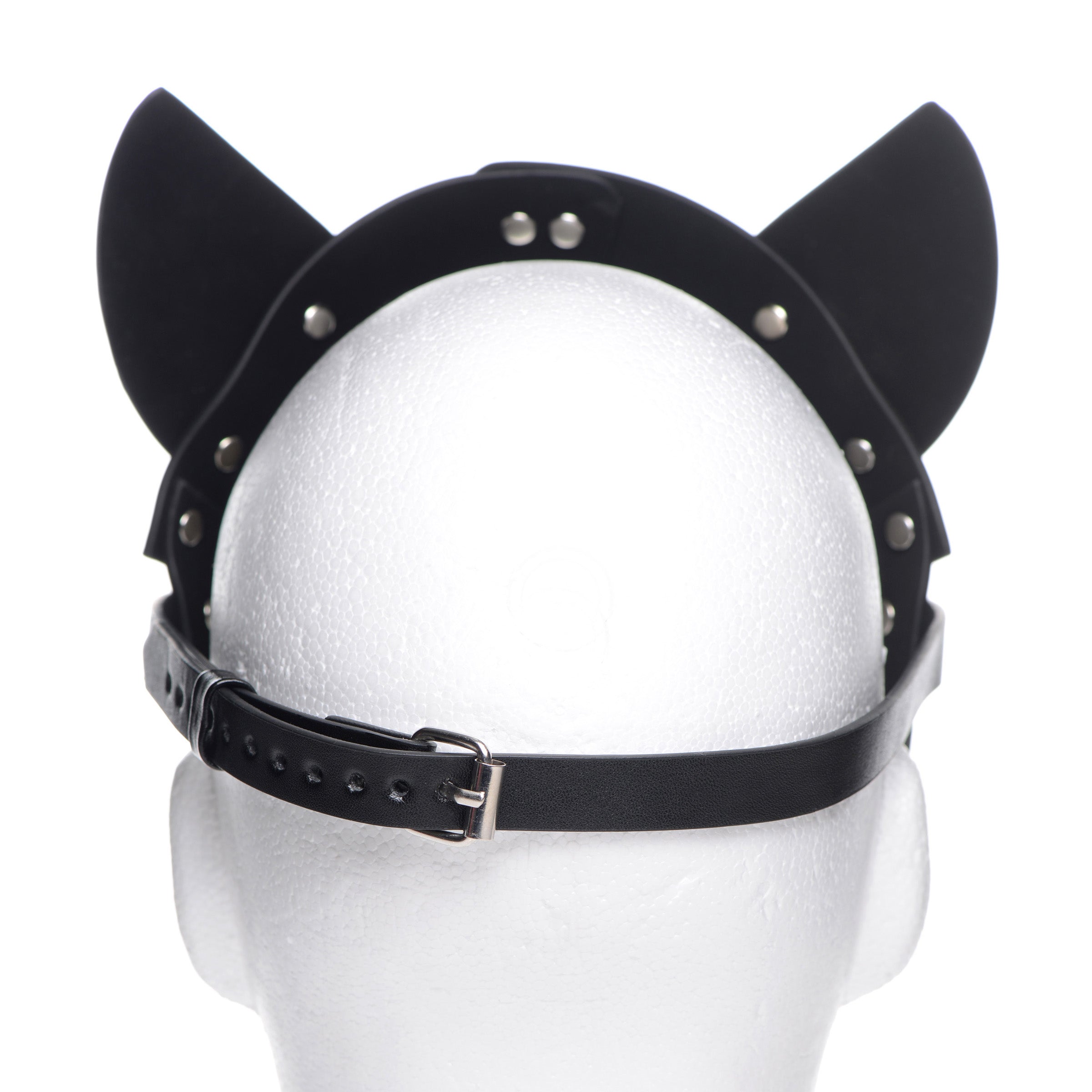 Naughty Kitty Cat Mask in black PU leather with cat ears and adjustable strap, featuring nickel-free metal studs.