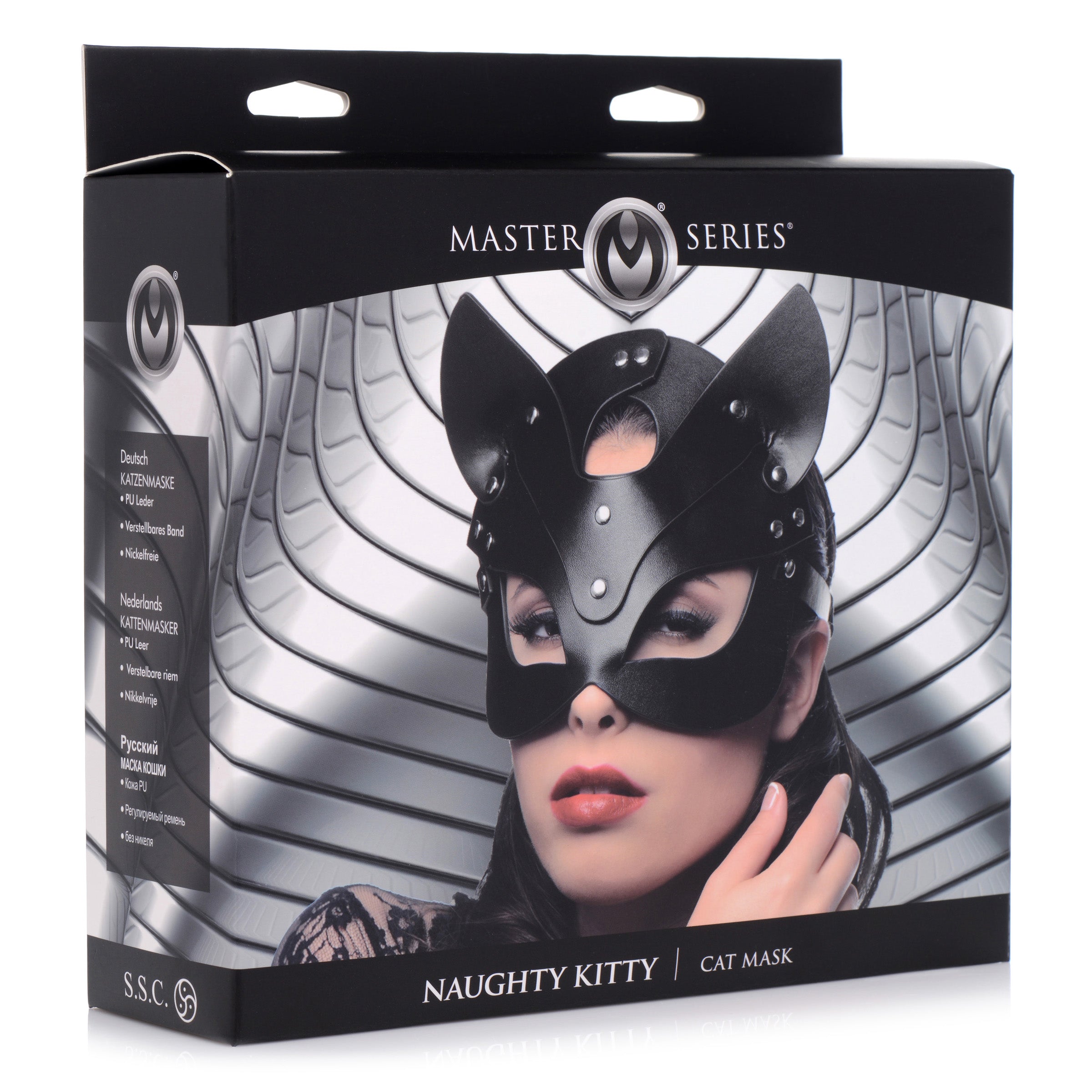 Naughty Kitty Cat Mask in black PU leather with cat ears and adjustable strap, featuring nickel-free metal studs.