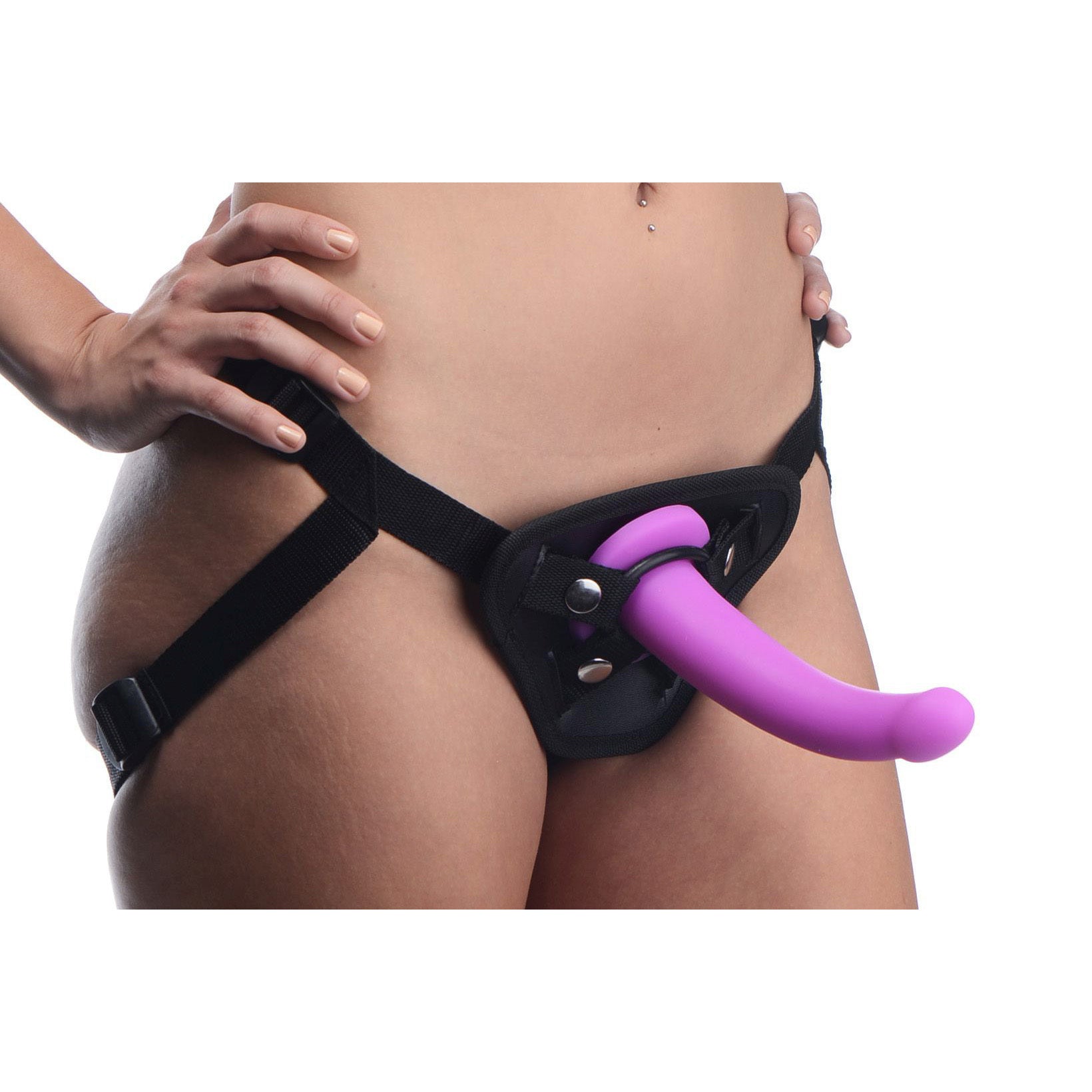 Navigator Silicone G-Spot Dildo with adjustable harness, featuring a curved design for G-spot stimulation in vibrant purple color.