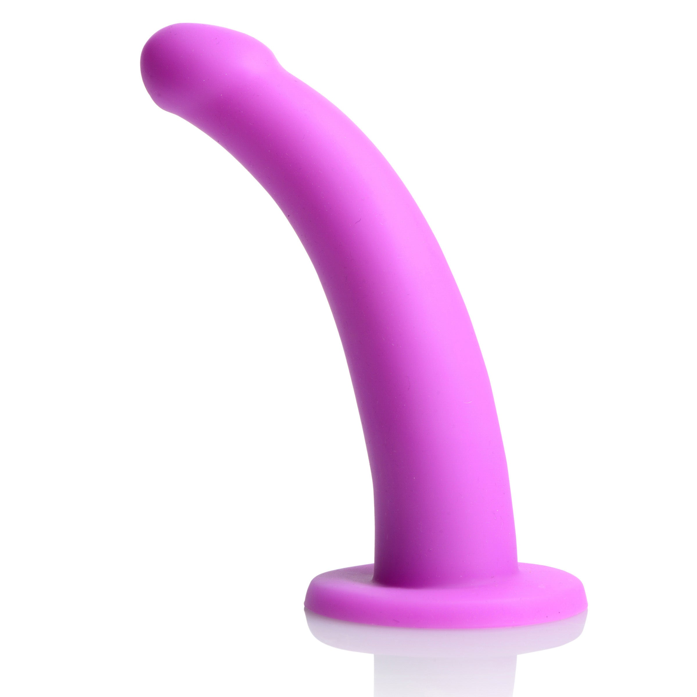 Navigator Silicone G-Spot Dildo with adjustable harness, featuring a curved design for G-spot stimulation in vibrant purple color.