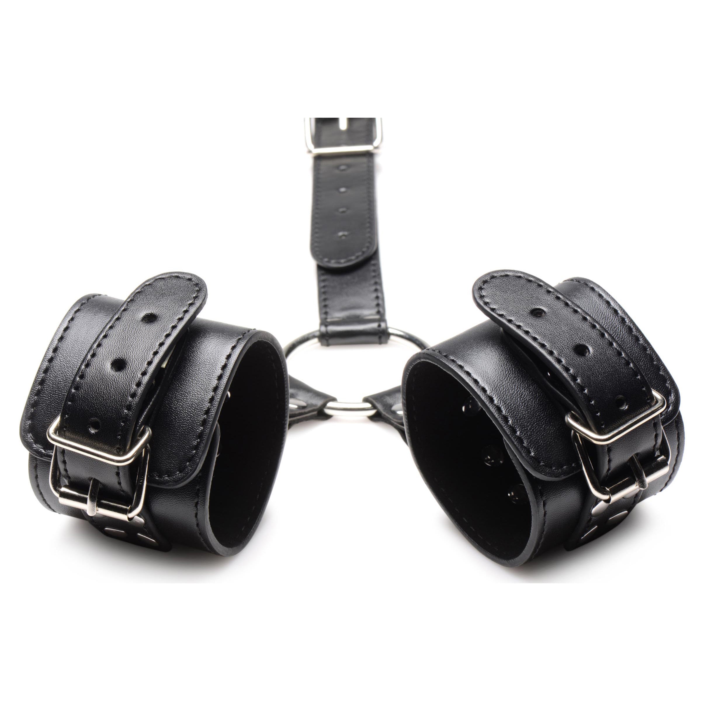 Black Neck to Wrist Restraints made of vegan-friendly PU leather with large metal O-rings, showcasing adjustable collar and cuffs.