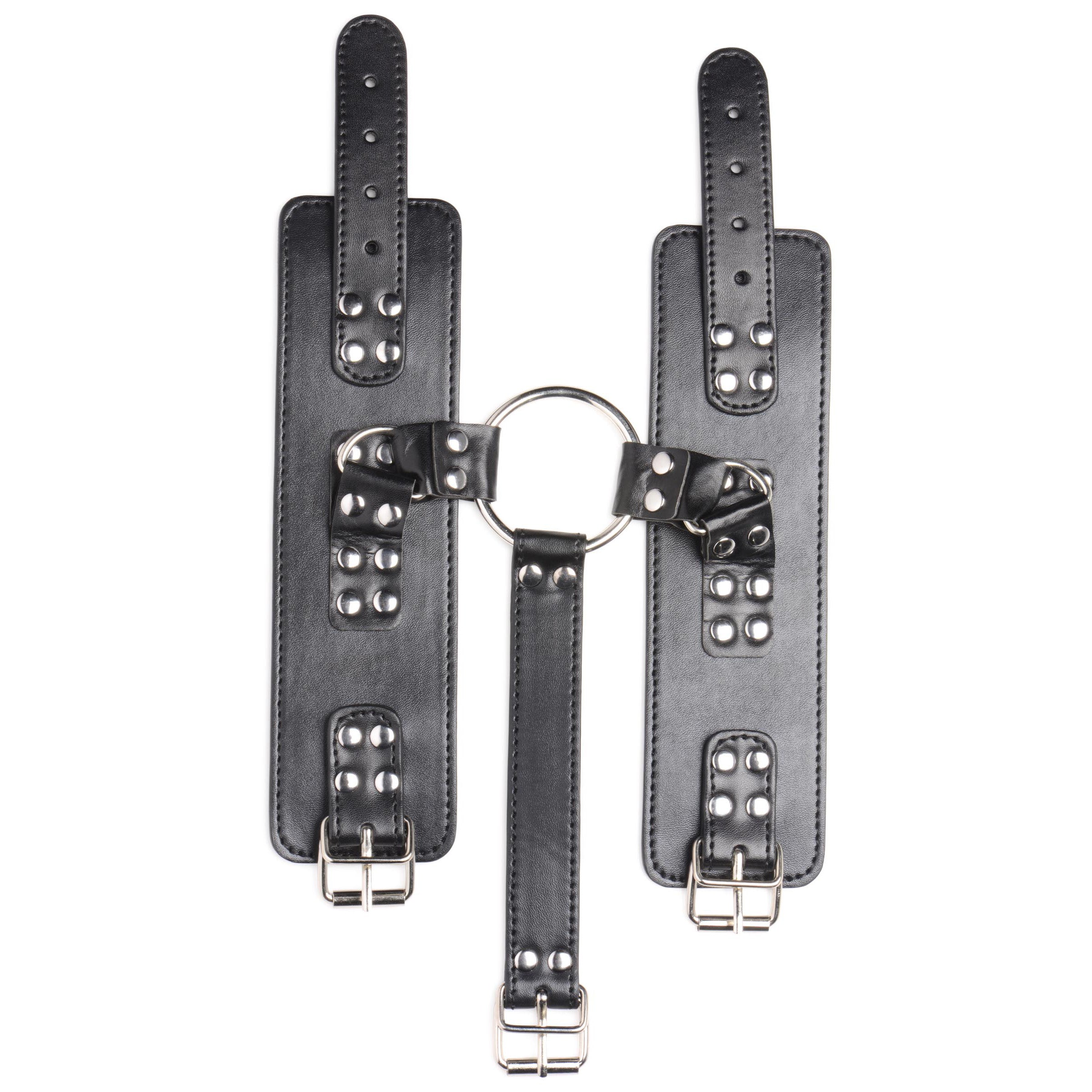 Black Neck to Wrist Restraints made of vegan-friendly PU leather with large metal O-rings, showcasing adjustable collar and cuffs.