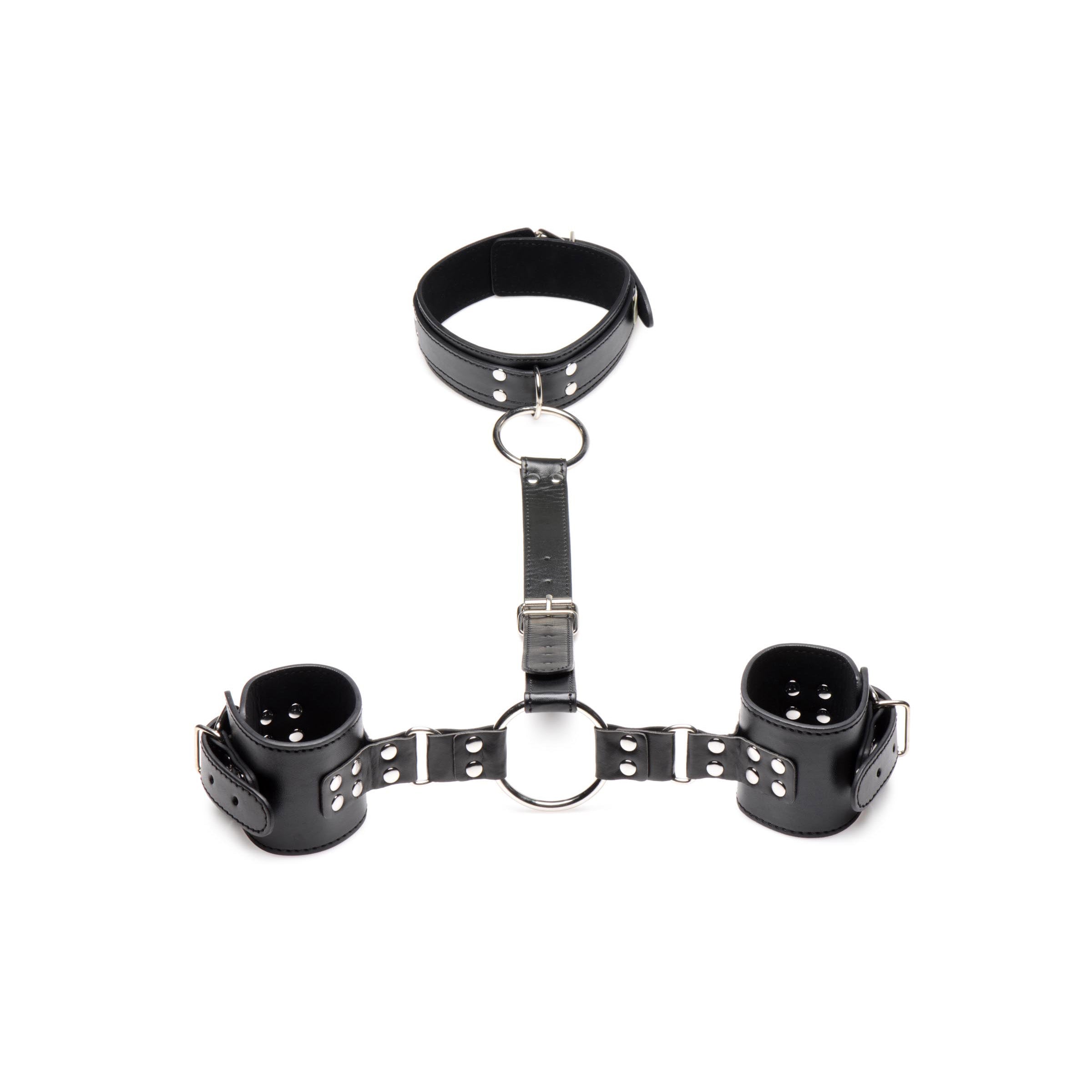 Black Neck to Wrist Restraints made of vegan-friendly PU leather with large metal O-rings, showcasing adjustable collar and cuffs.