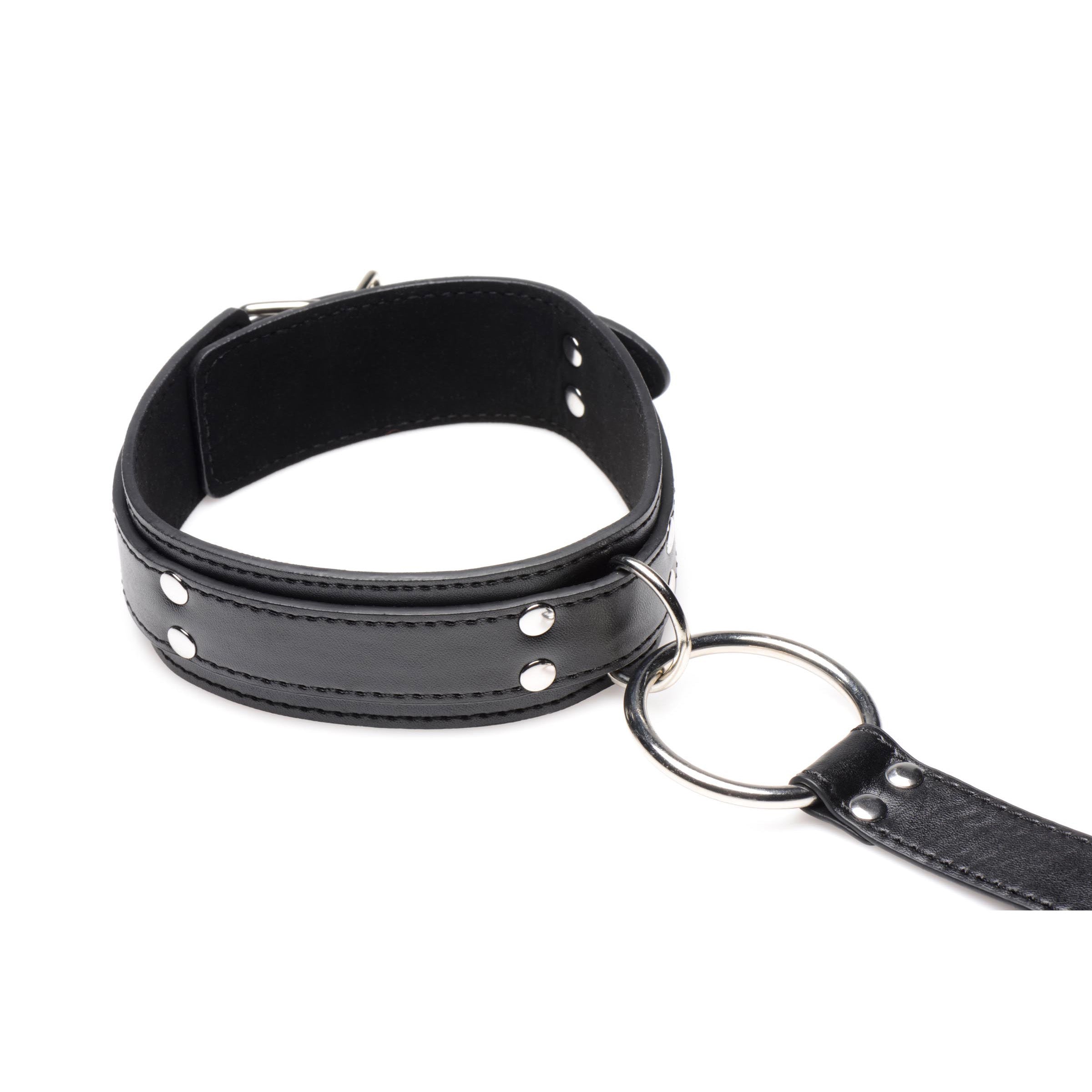 Black Neck to Wrist Restraints made of vegan-friendly PU leather with large metal O-rings, showcasing adjustable collar and cuffs.