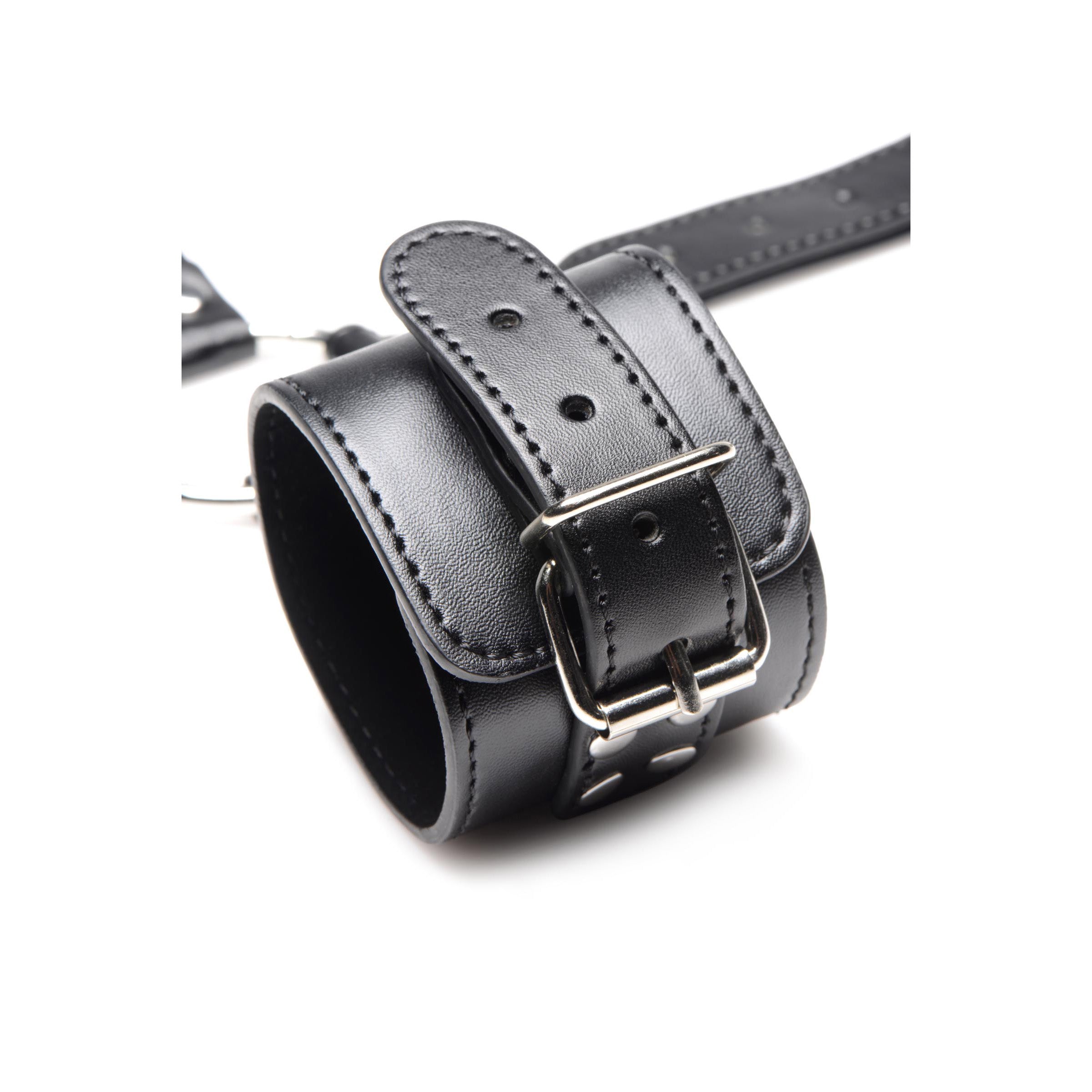 Black Neck to Wrist Restraints made of vegan-friendly PU leather with large metal O-rings, showcasing adjustable collar and cuffs.