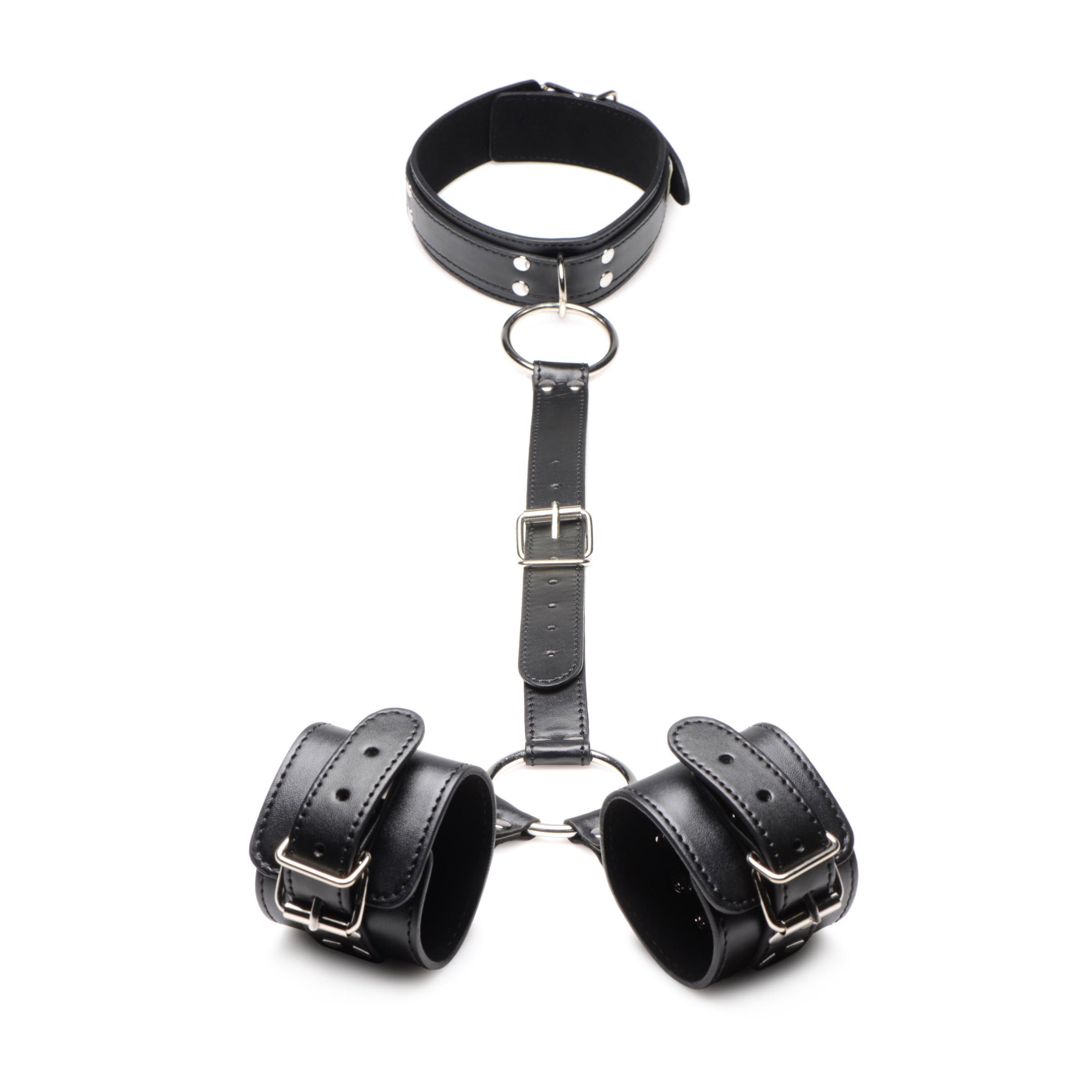 Black Neck to Wrist Restraints made of vegan-friendly PU leather with large metal O-rings, showcasing adjustable collar and cuffs.