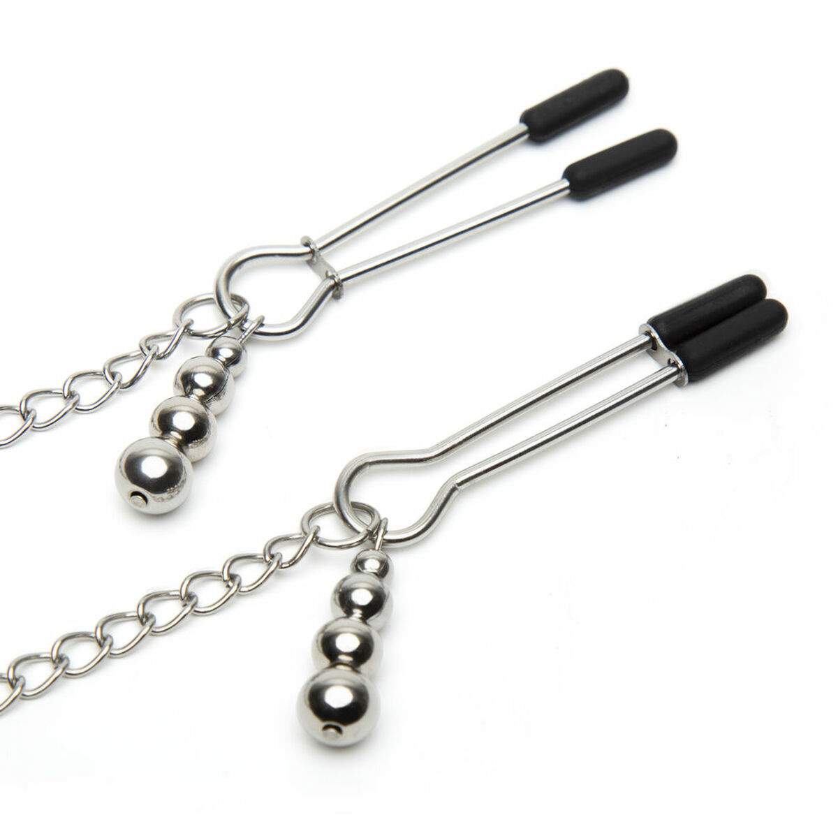 Silver nipple clamps with weights.