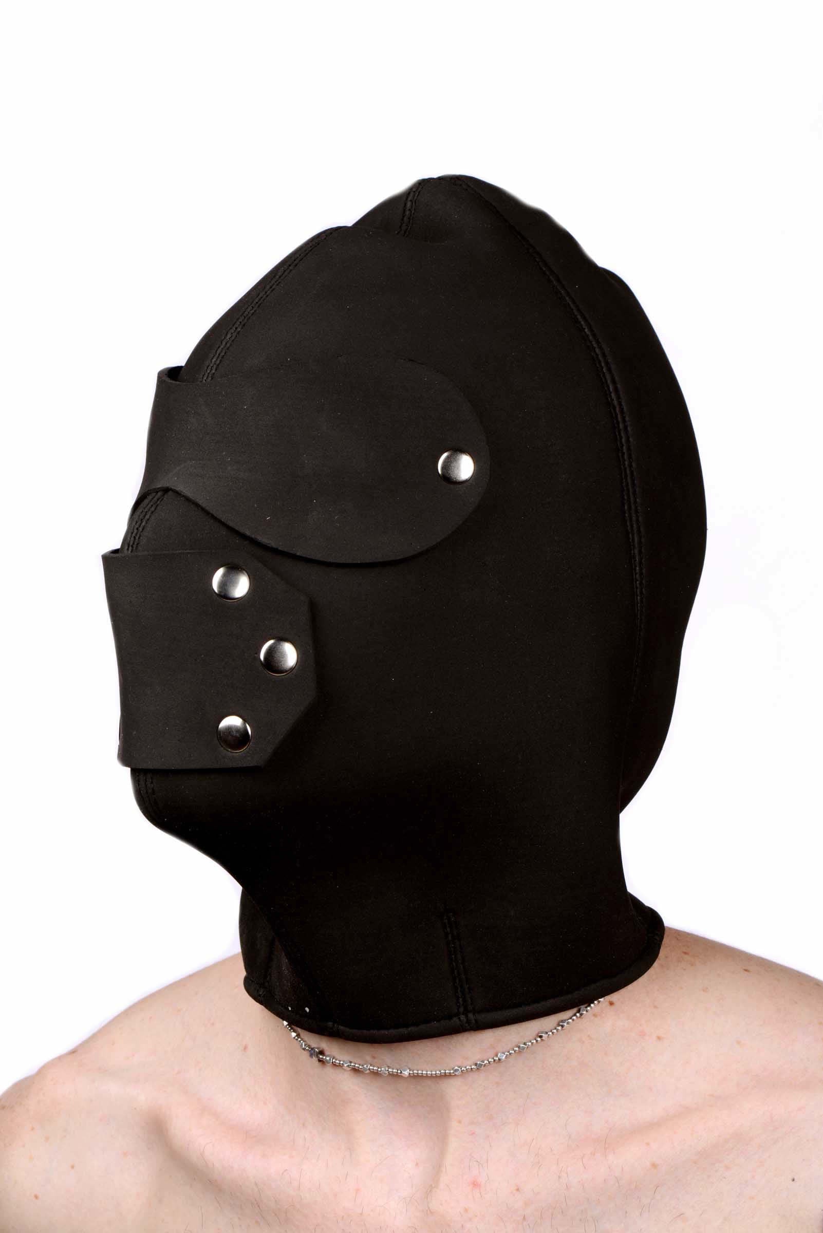 Neoprene hood with eye and mouth holes, featuring a zip closure and detachable muzzle, designed for sensory play.