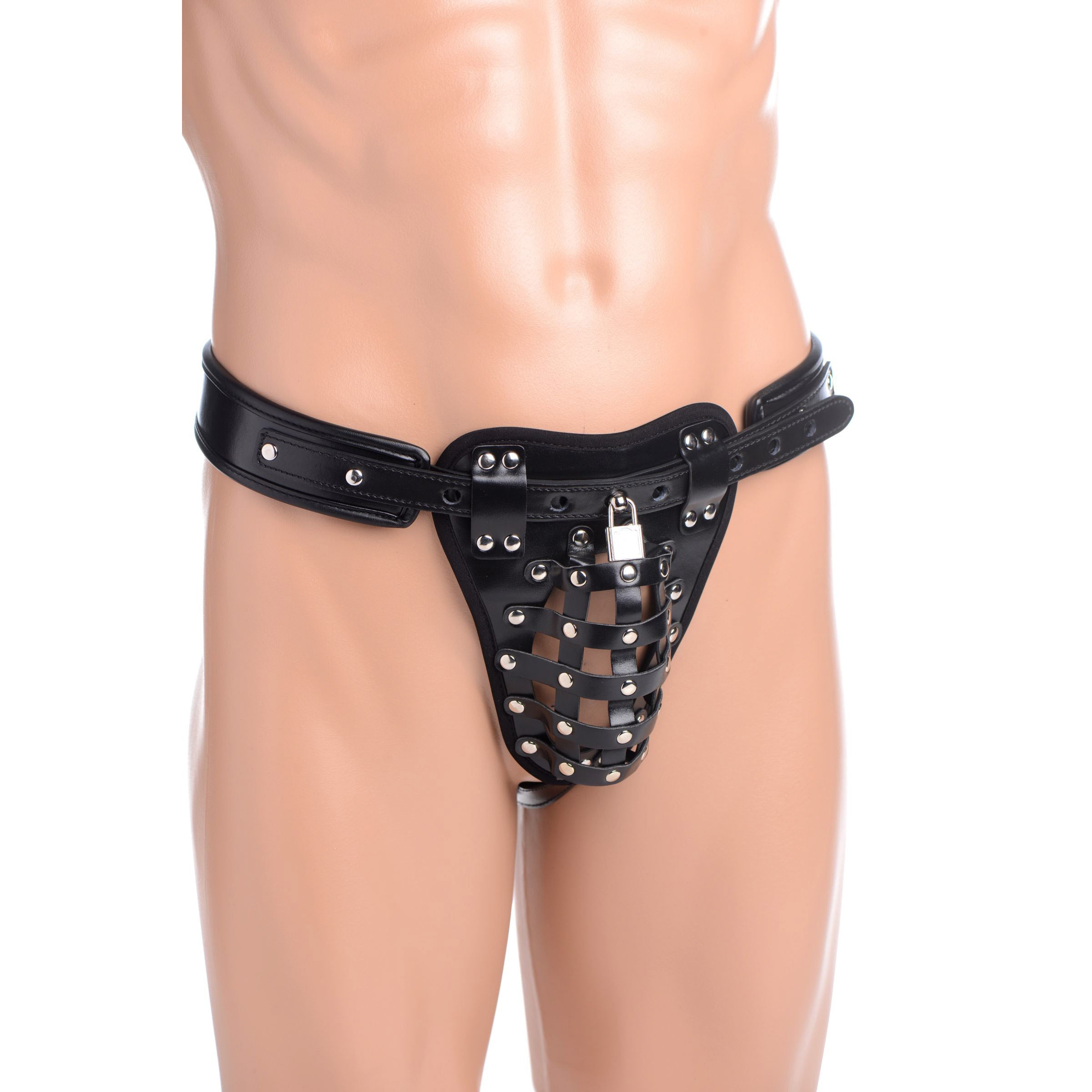 Netted Male Chastity Jock made of PU leather, featuring adjustable straps and a locking mechanism for secure confinement.