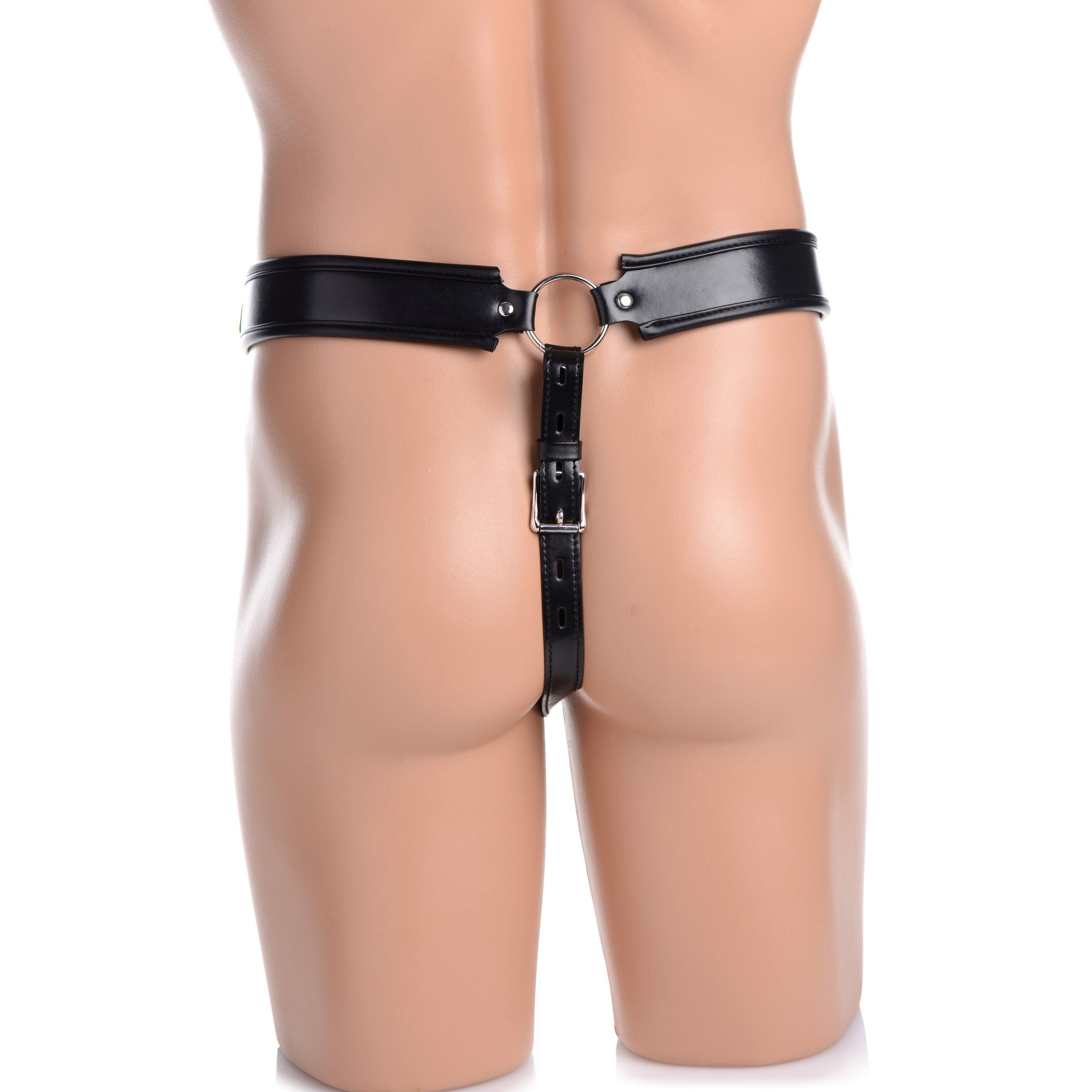 Netted Male Chastity Jock made of PU leather, featuring adjustable straps and a locking mechanism for secure confinement.