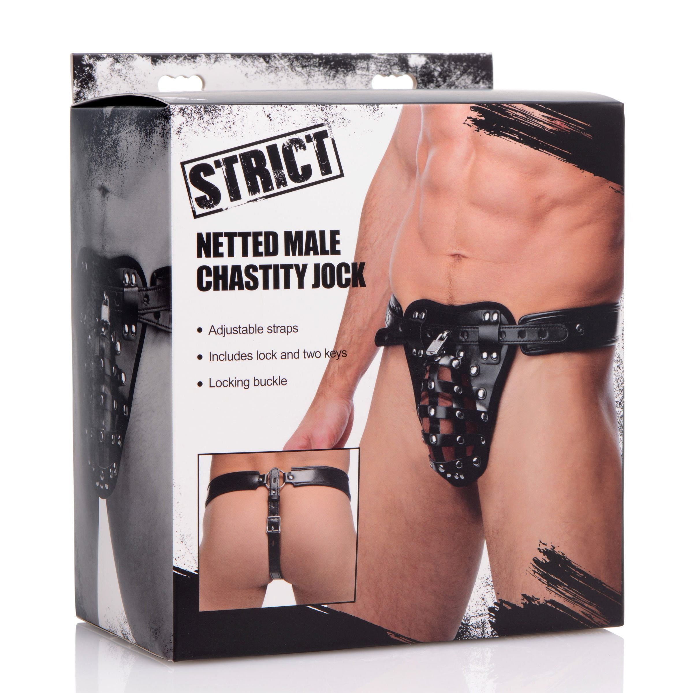 Netted Male Chastity Jock made of PU leather, featuring adjustable straps and a locking mechanism for secure confinement.