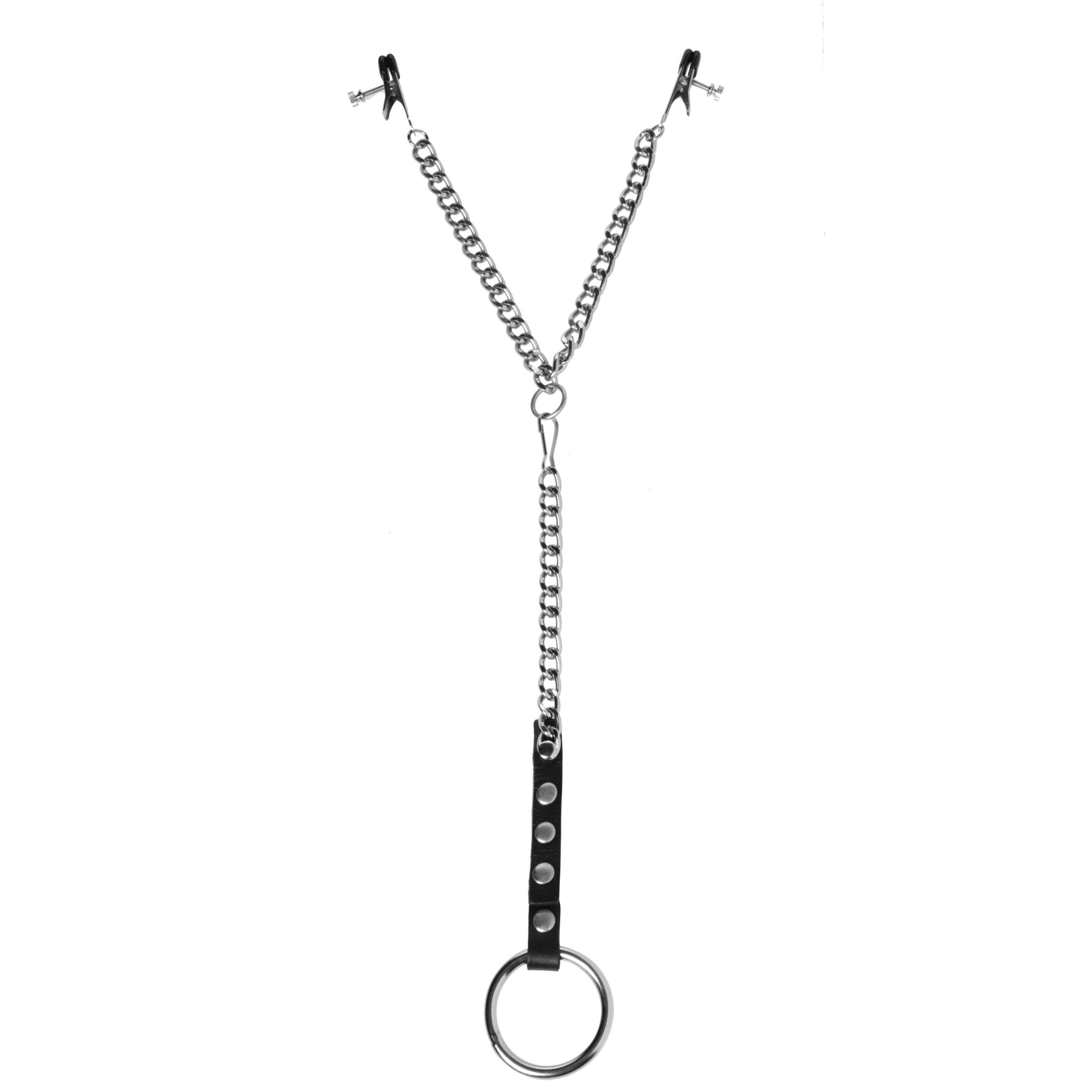 Nipple Clamps and Cock Ring Set featuring alligator clamps, metal cock ring, and adjustable leather strap.