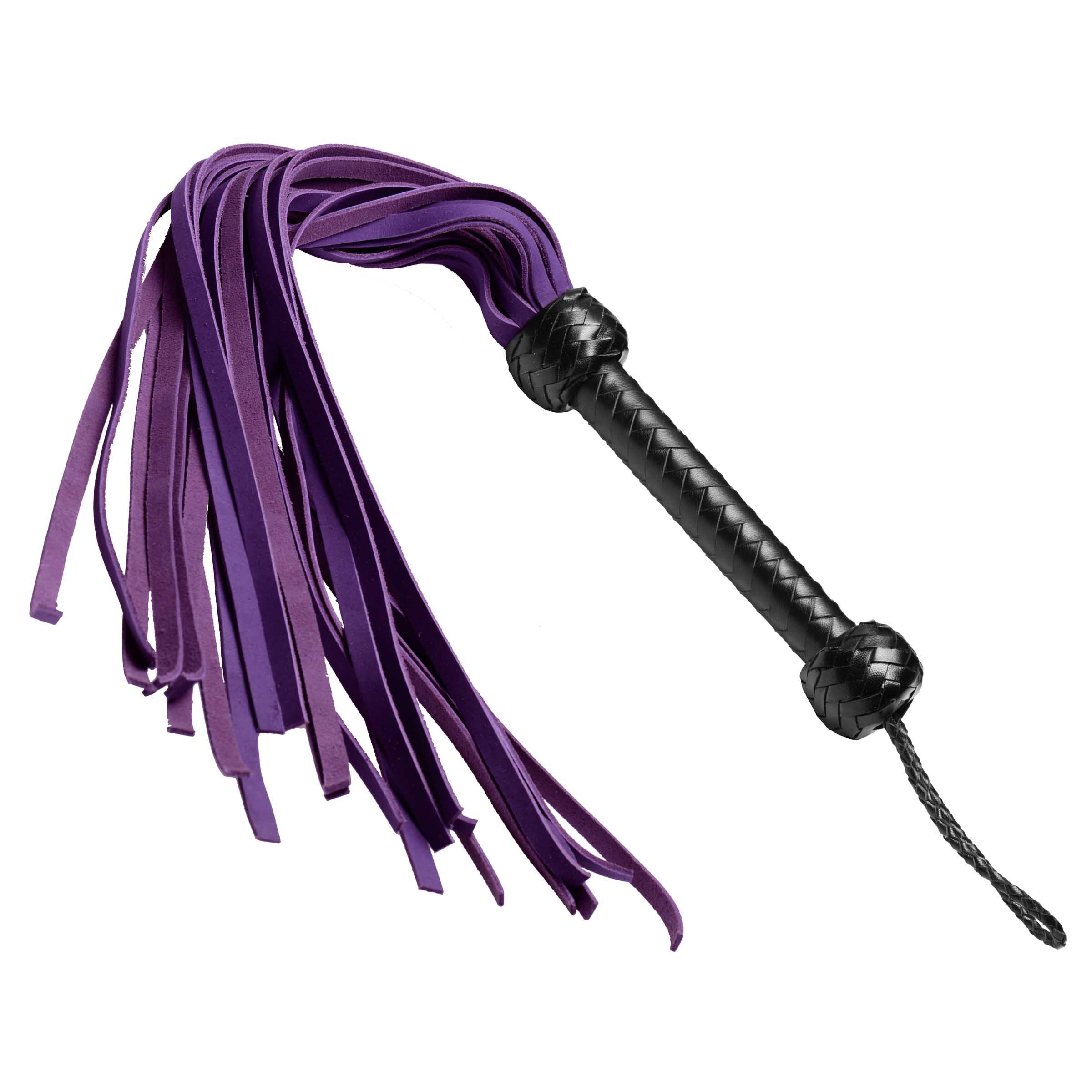 A Nubuck Flogger featuring purple-dyed falls and a black leather handle, showcasing its soft texture and elegant design.