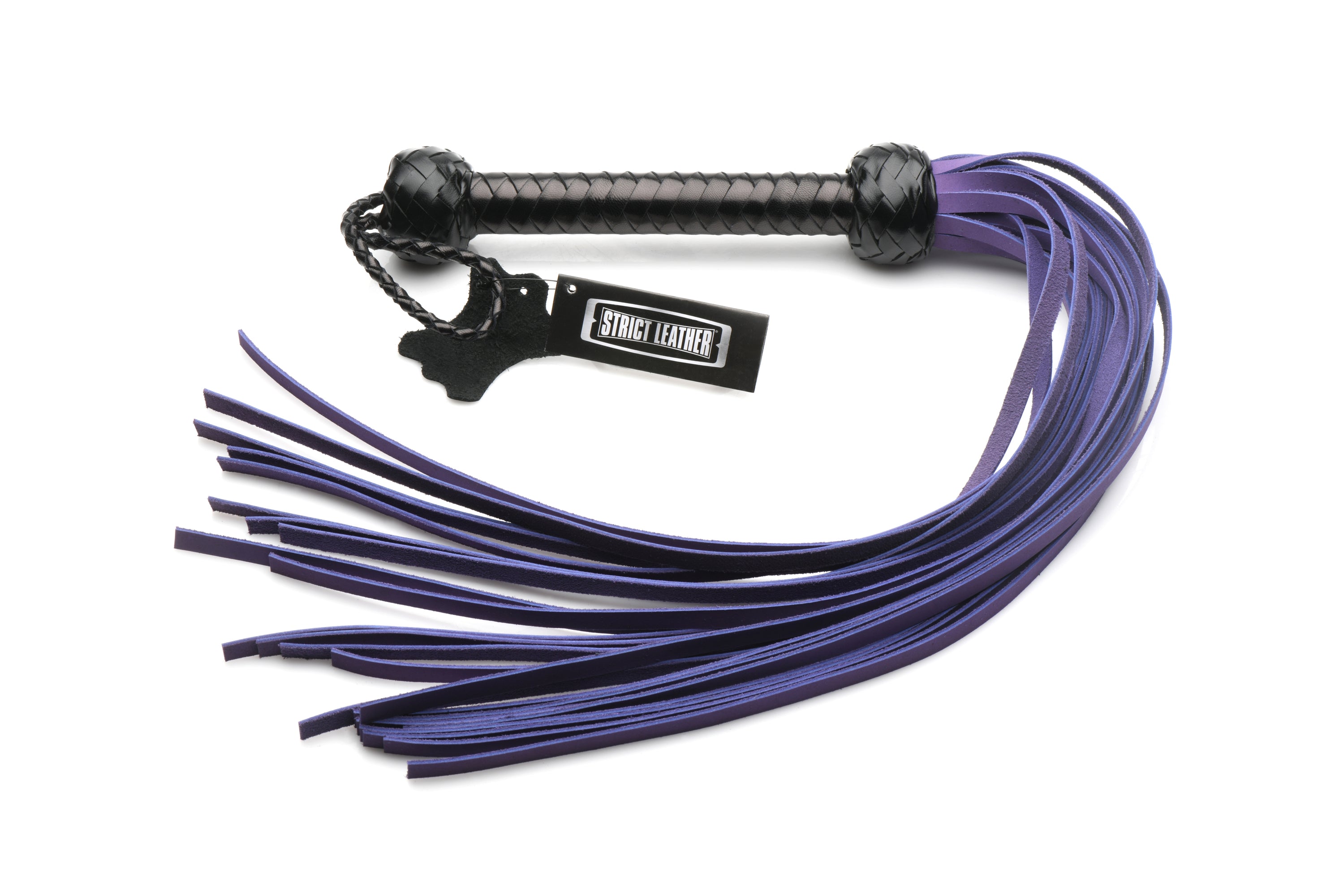 A Nubuck Flogger featuring purple-dyed falls and a black leather handle, showcasing its soft texture and elegant design.