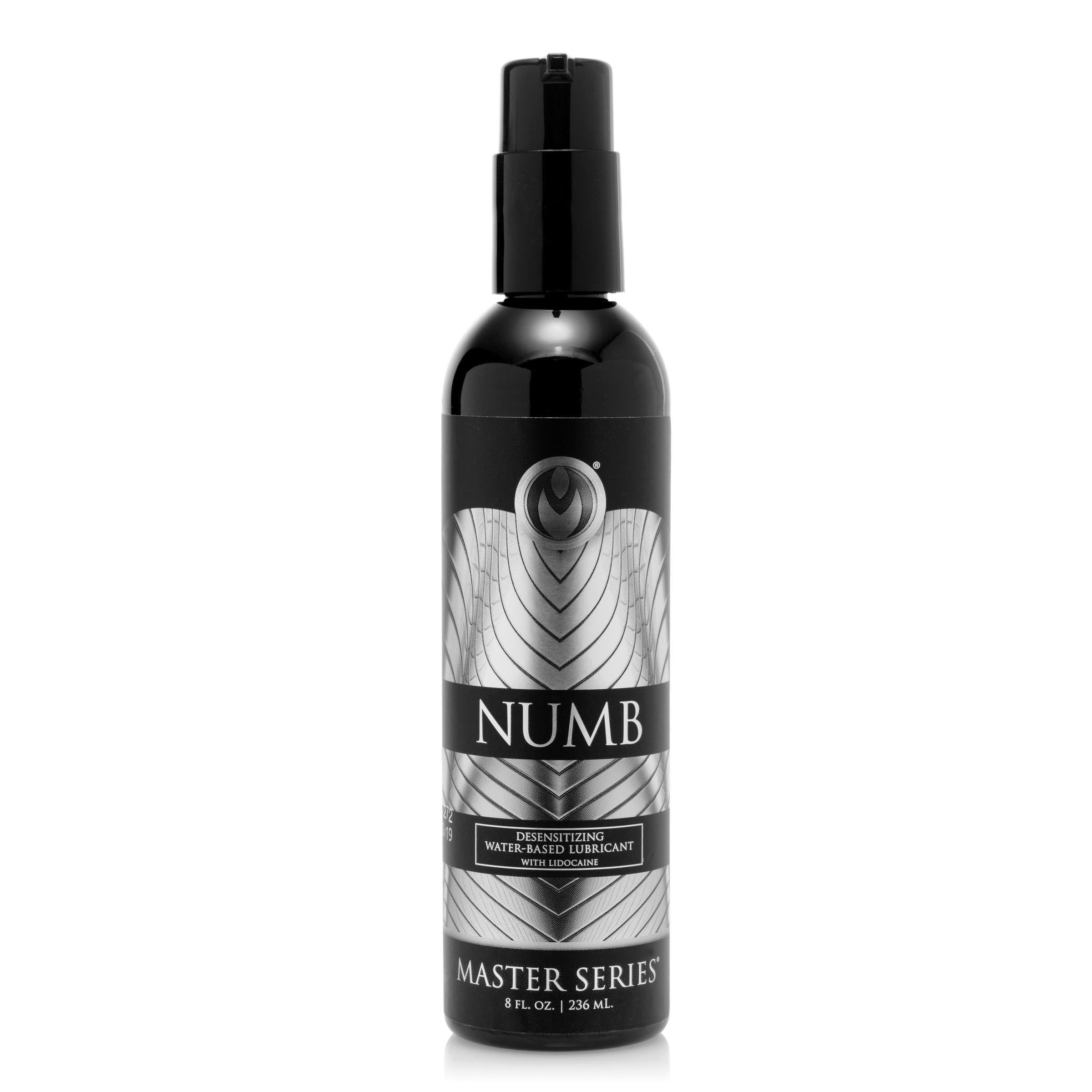 Numb Desensitizing Water Based Lubricant with Lidocaine in an 8 oz bottle, designed for enhanced pleasure and comfort during intimate moments.