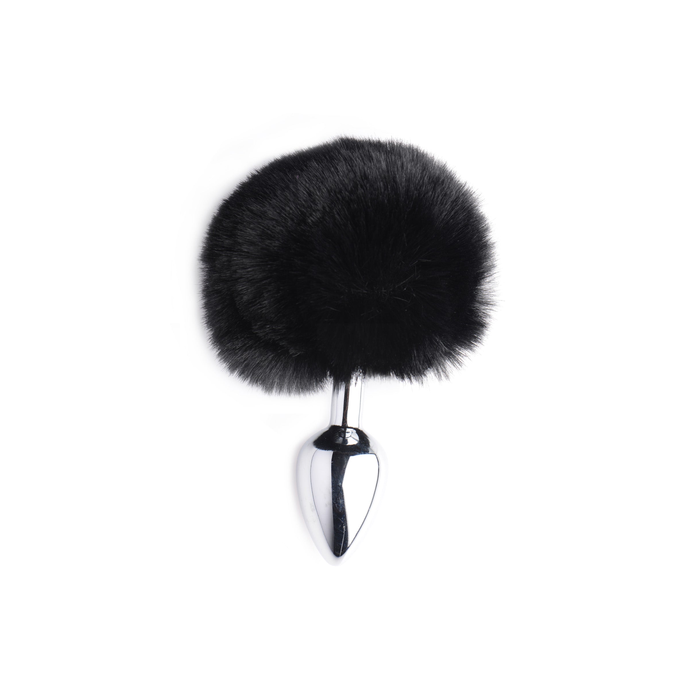 Onyx Bunny Tail Anal Plug featuring a smooth metal plug and a soft black faux fur bunny tail, designed for comfort and pleasure.