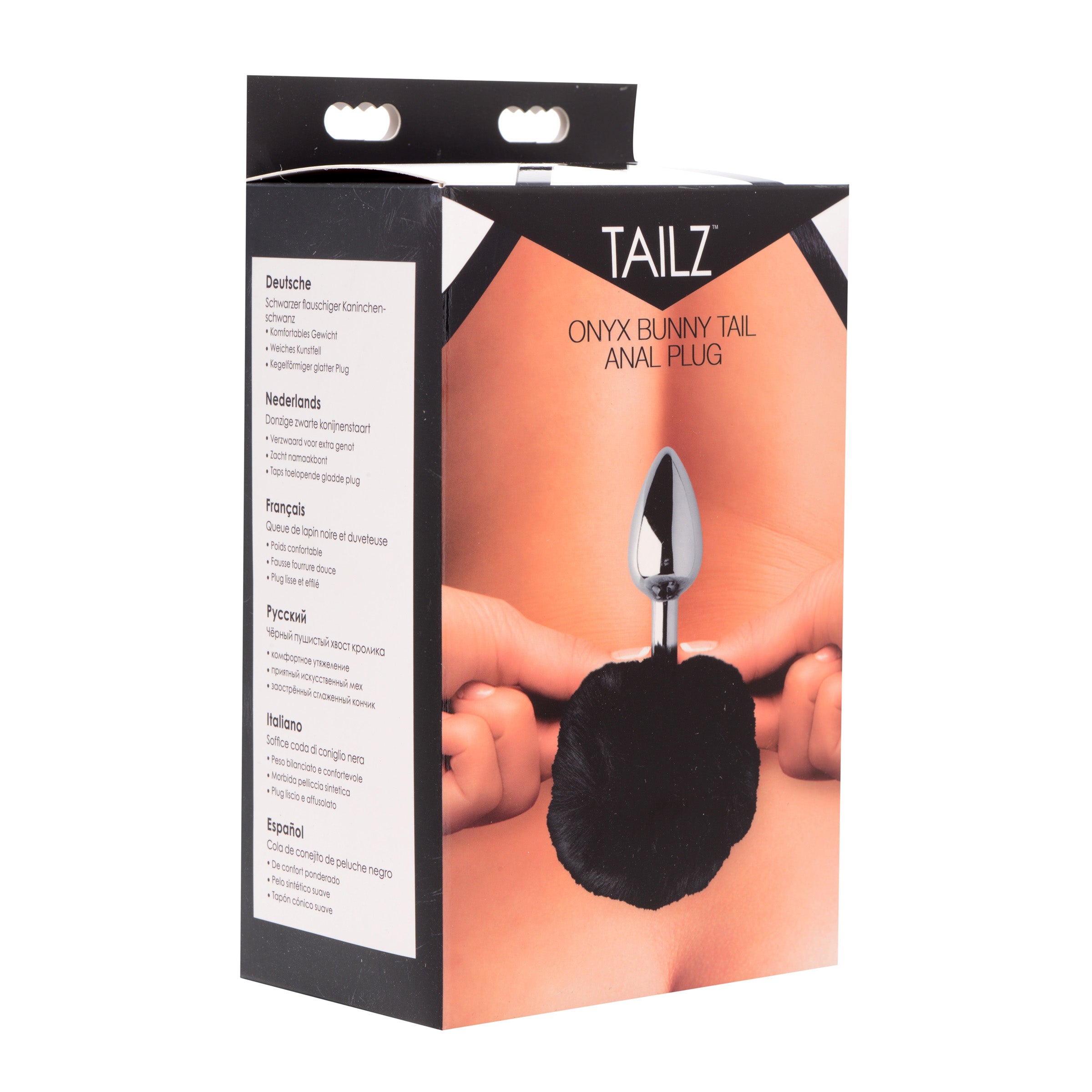 Onyx Bunny Tail Anal Plug featuring a smooth metal plug and a soft black faux fur bunny tail, designed for comfort and pleasure.