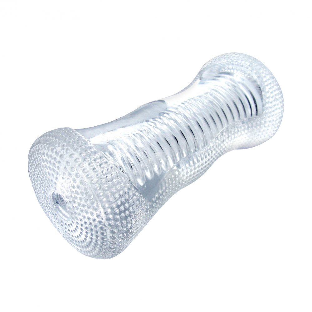 Palm-Tec DX Vol 17 Stroker, a clear ergonomic pleasure device with ribbed interior for enhanced stimulation.