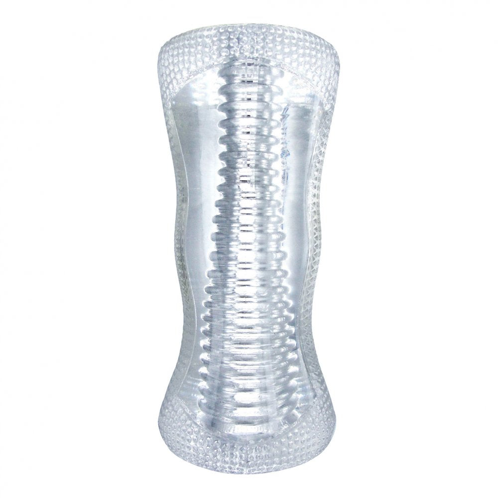 Palm-Tec DX Vol 17 Stroker, a clear ergonomic pleasure device with ribbed interior for enhanced stimulation.