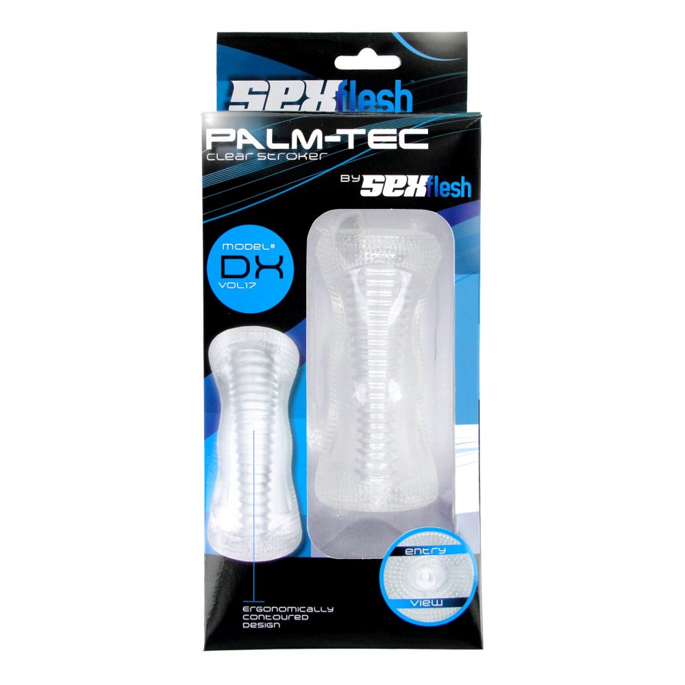 Palm-Tec DX Vol 17 Stroker, a clear ergonomic pleasure device with ribbed interior for enhanced stimulation.