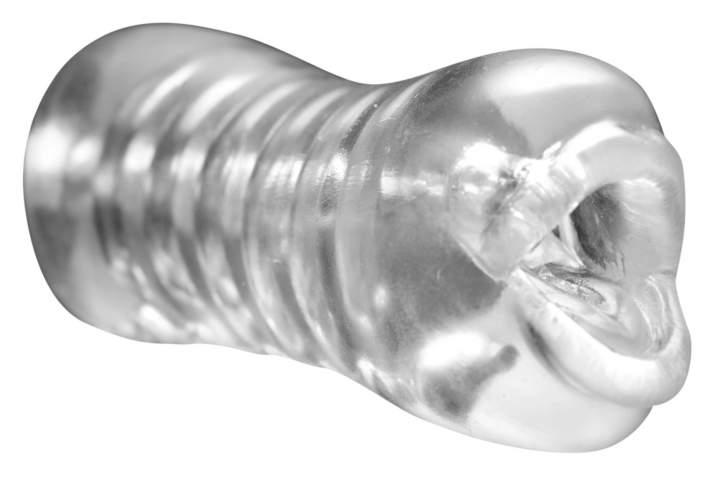 Palm-Tec Luxe Lips Beaded Clear Stroker showcasing its ergonomic design and ribbed interior for enhanced pleasure.