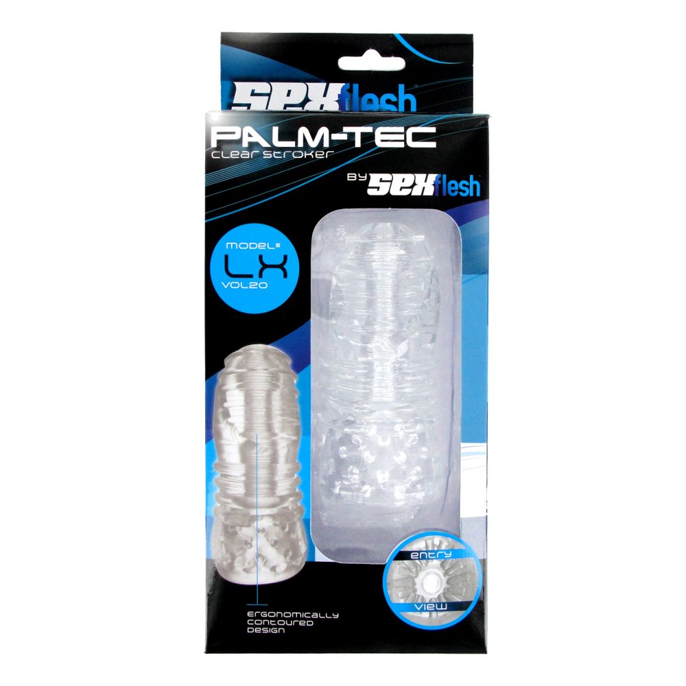 Palm-Tec LX Vol 20 Stroker showcasing its clear, ergonomic design and ribbed interior for enhanced pleasure.