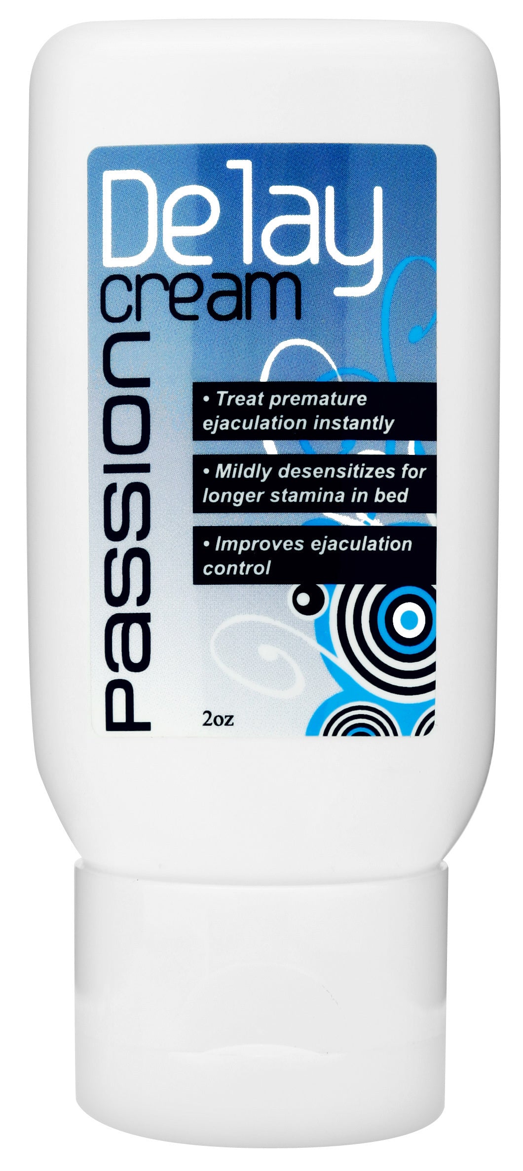 Passion Delay Cream in a 2 oz bottle, designed to help delay ejaculation and enhance sexual pleasure.