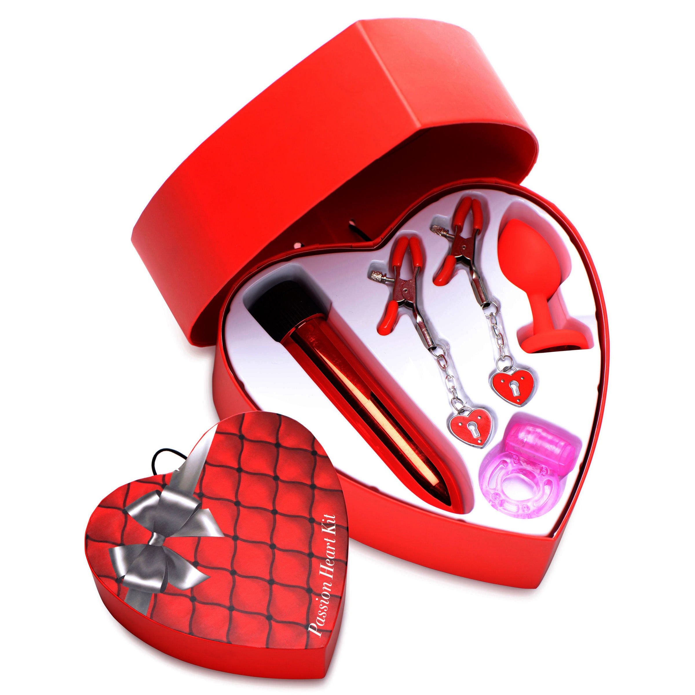 Passion Heart Gift Set featuring nipple clamps, a multi-speed vibrator, a buzzing cock ring, and a silicone butt plug in a heart-shaped box.