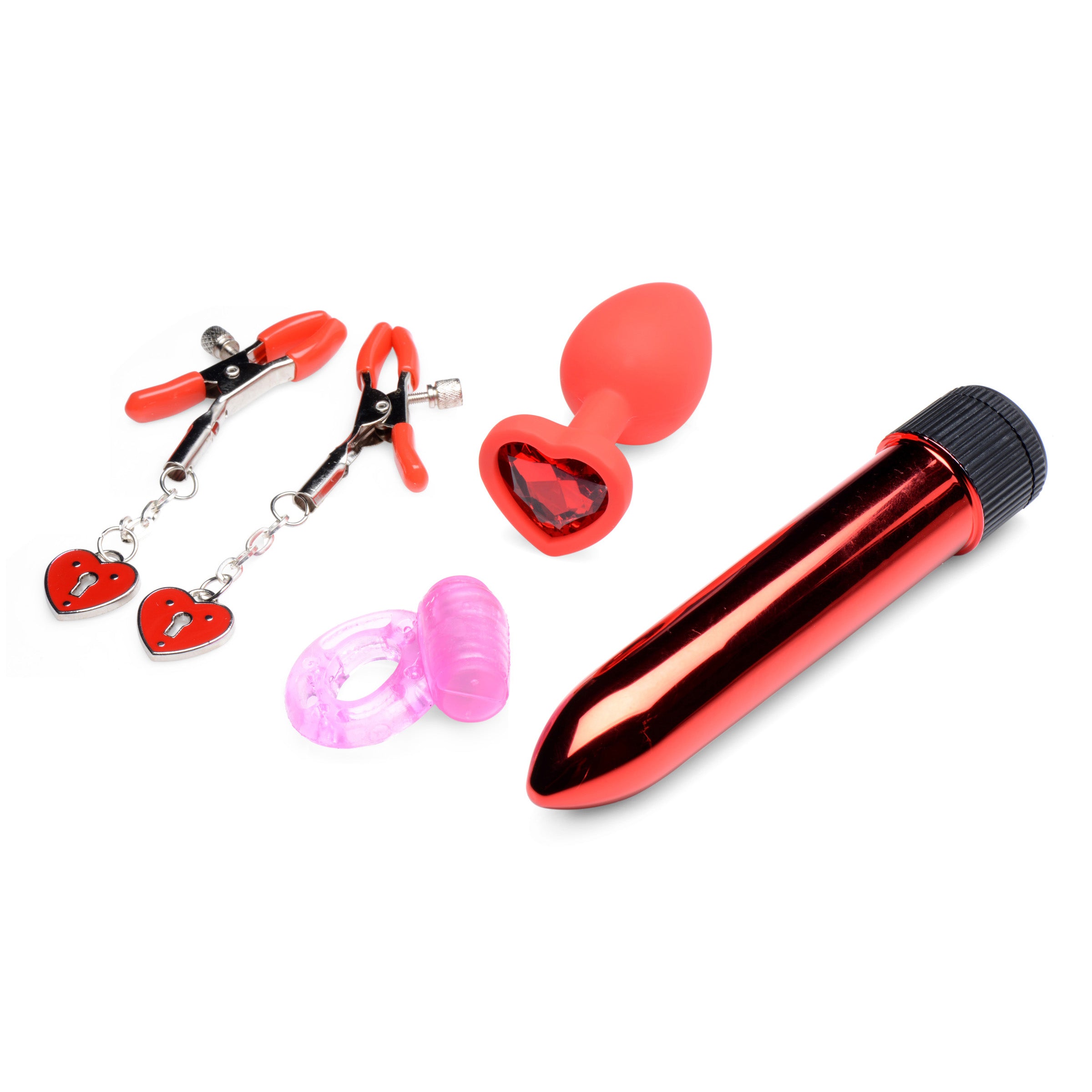 Passion Heart Gift Set featuring nipple clamps, a multi-speed vibrator, a buzzing cock ring, and a silicone butt plug in a heart-shaped box.