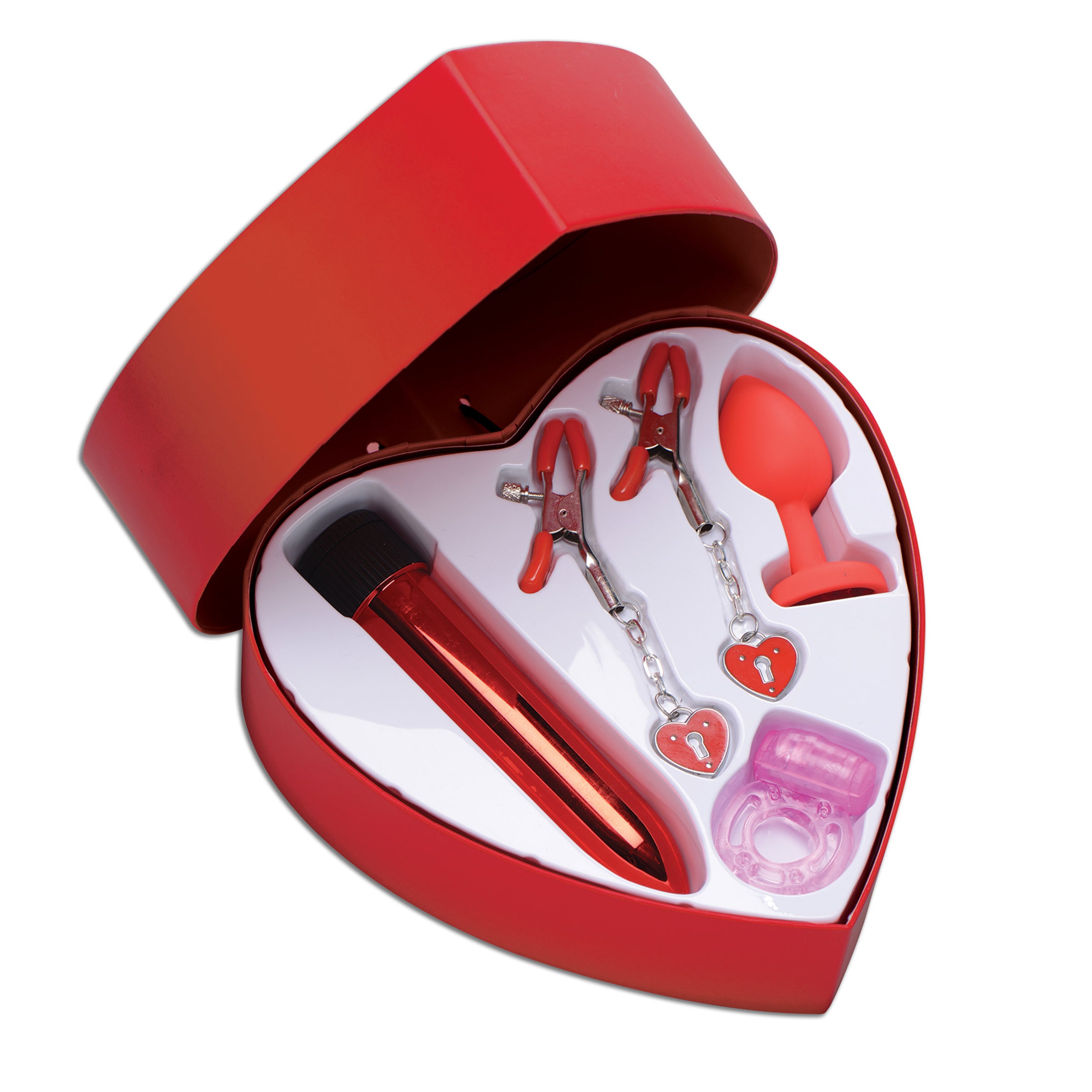 Passion Heart Gift Set featuring nipple clamps, a multi-speed vibrator, a buzzing cock ring, and a silicone butt plug in a heart-shaped box.