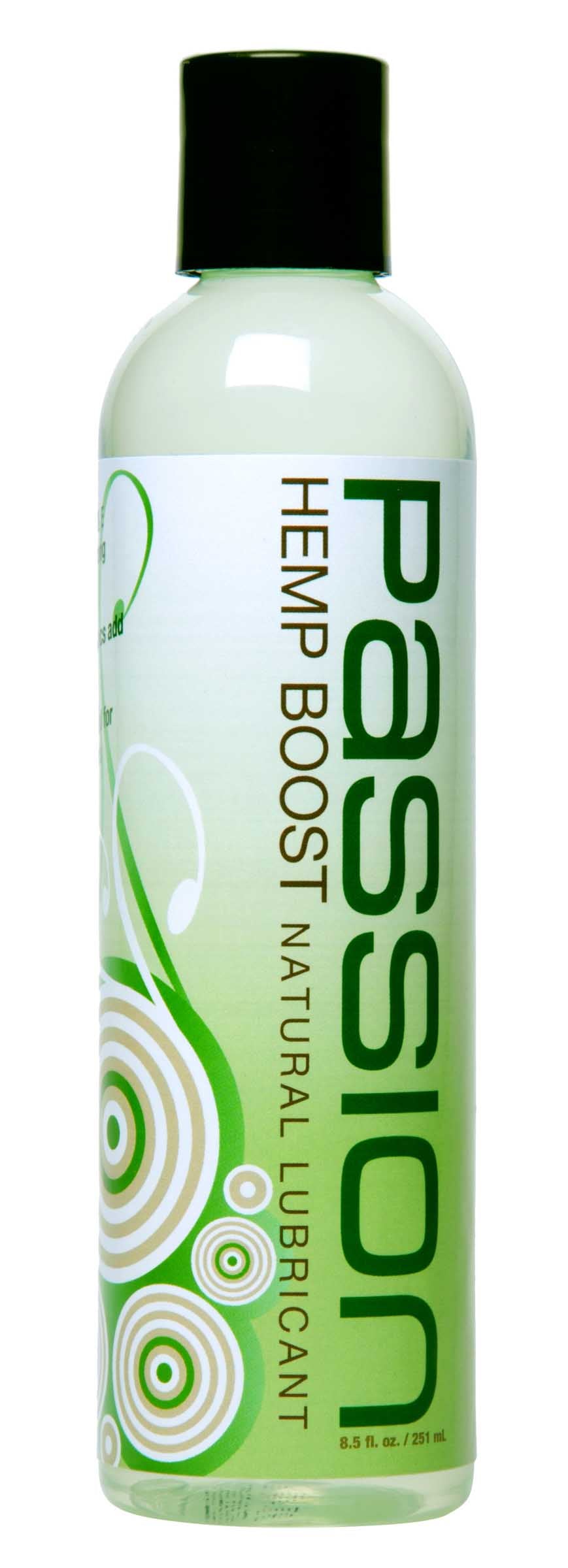 Passion Hemp-Aphrodisiac Natural Lube in an 8.5 oz bottle, featuring a clear liquid and a label highlighting its natural ingredients.