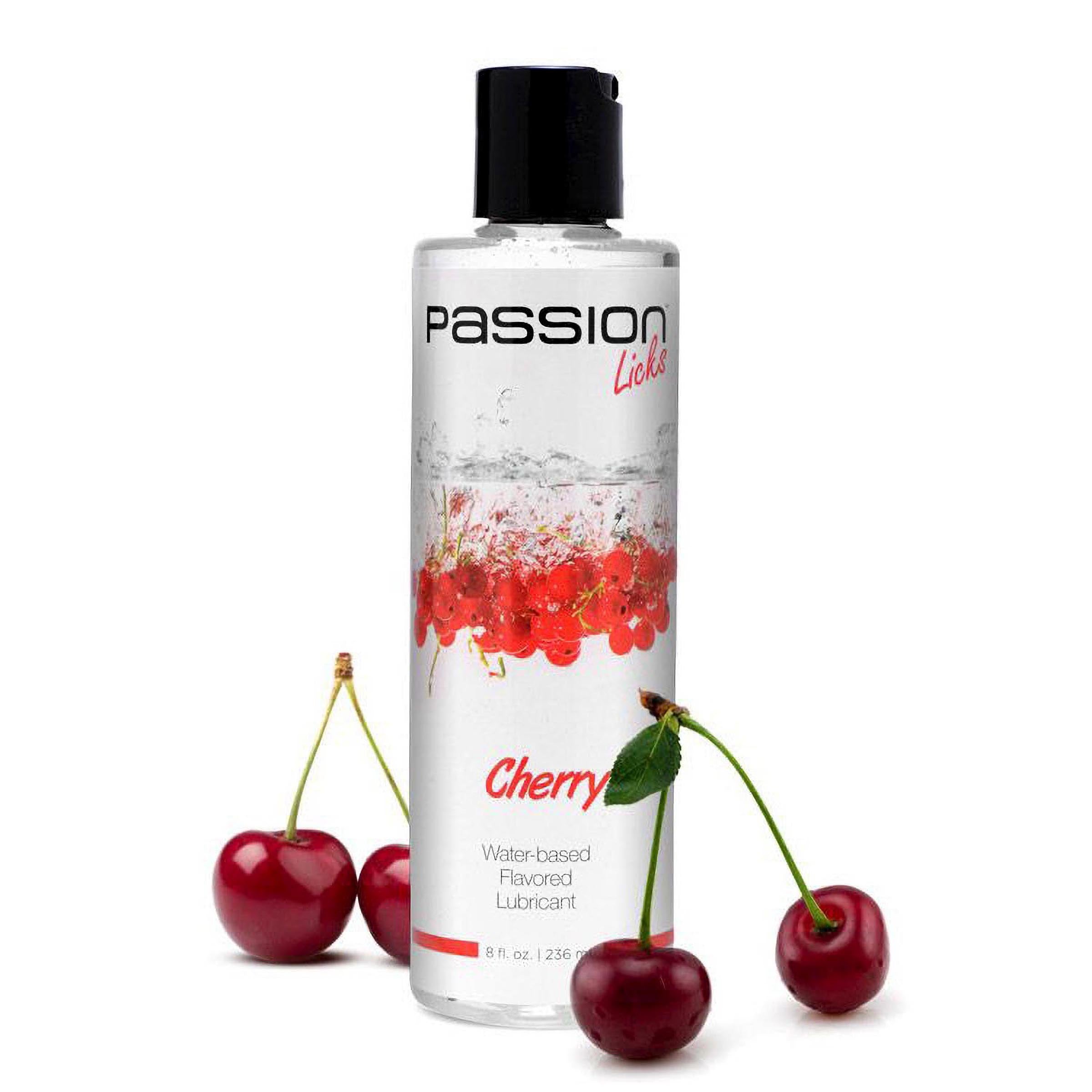 Passion Licks Cherry Water Based Flavored Lubricant in an 8 oz bottle, featuring a vibrant cherry design.