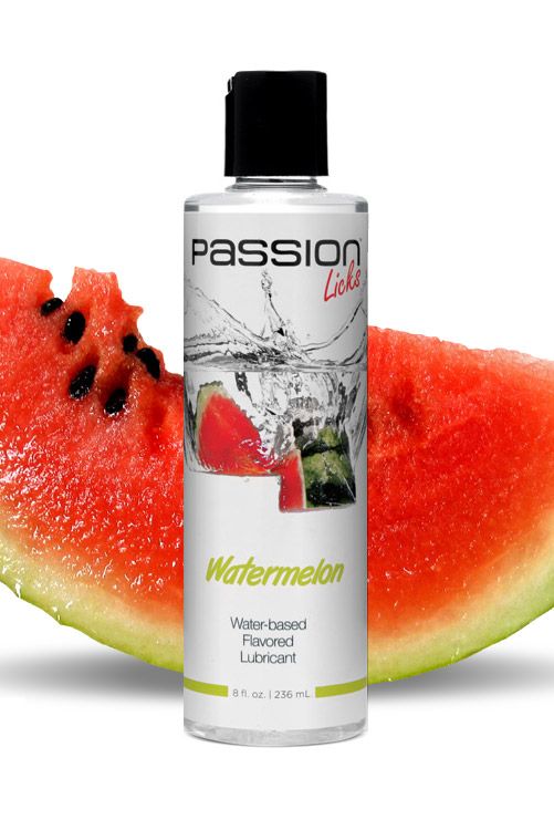 Passion Licks Watermelon Water Based Lubricant in an 8 oz bottle, featuring a vibrant watermelon design.