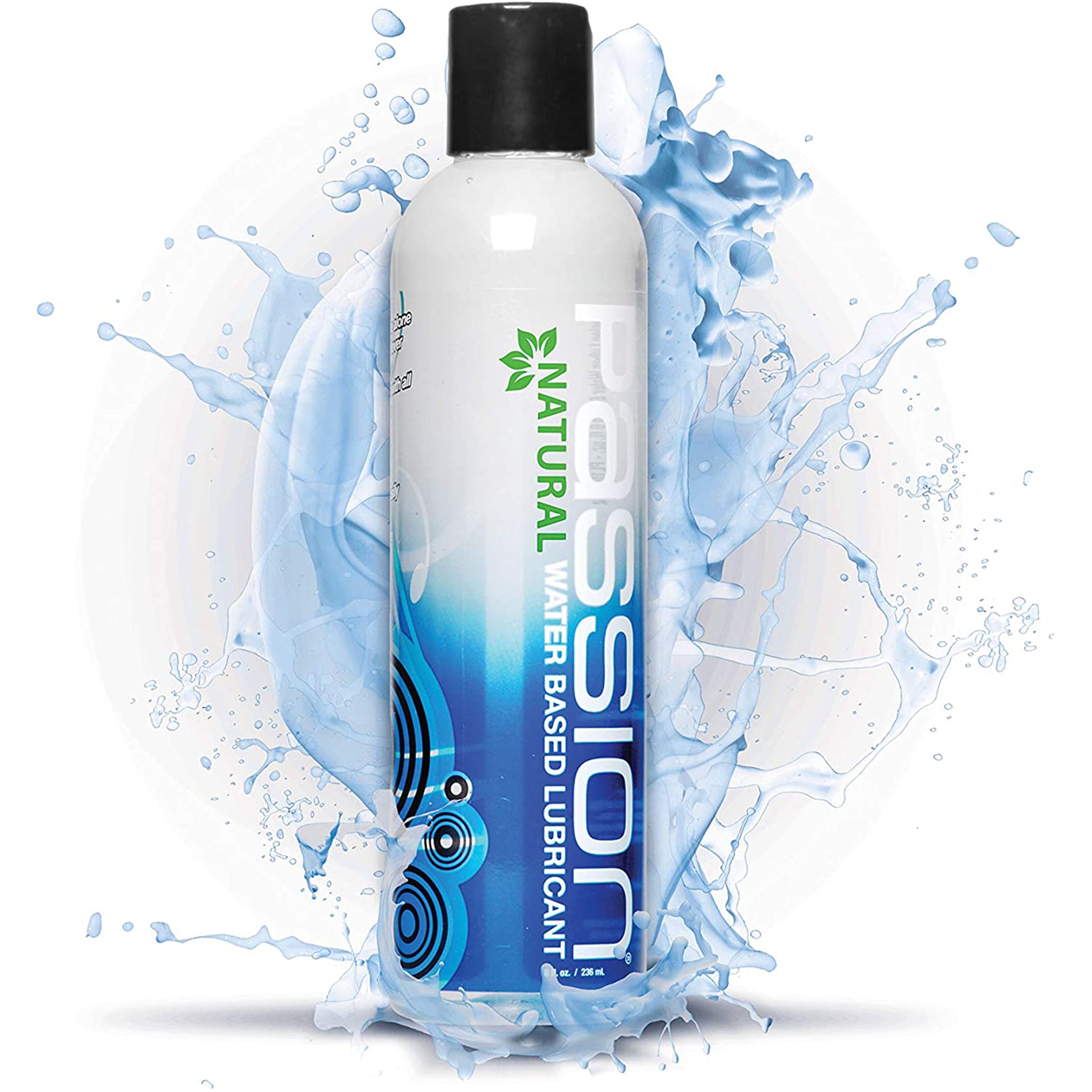 Passion Natural Water-Based Lubricant in a clear 8 oz bottle, designed for enhanced intimacy and pleasure.