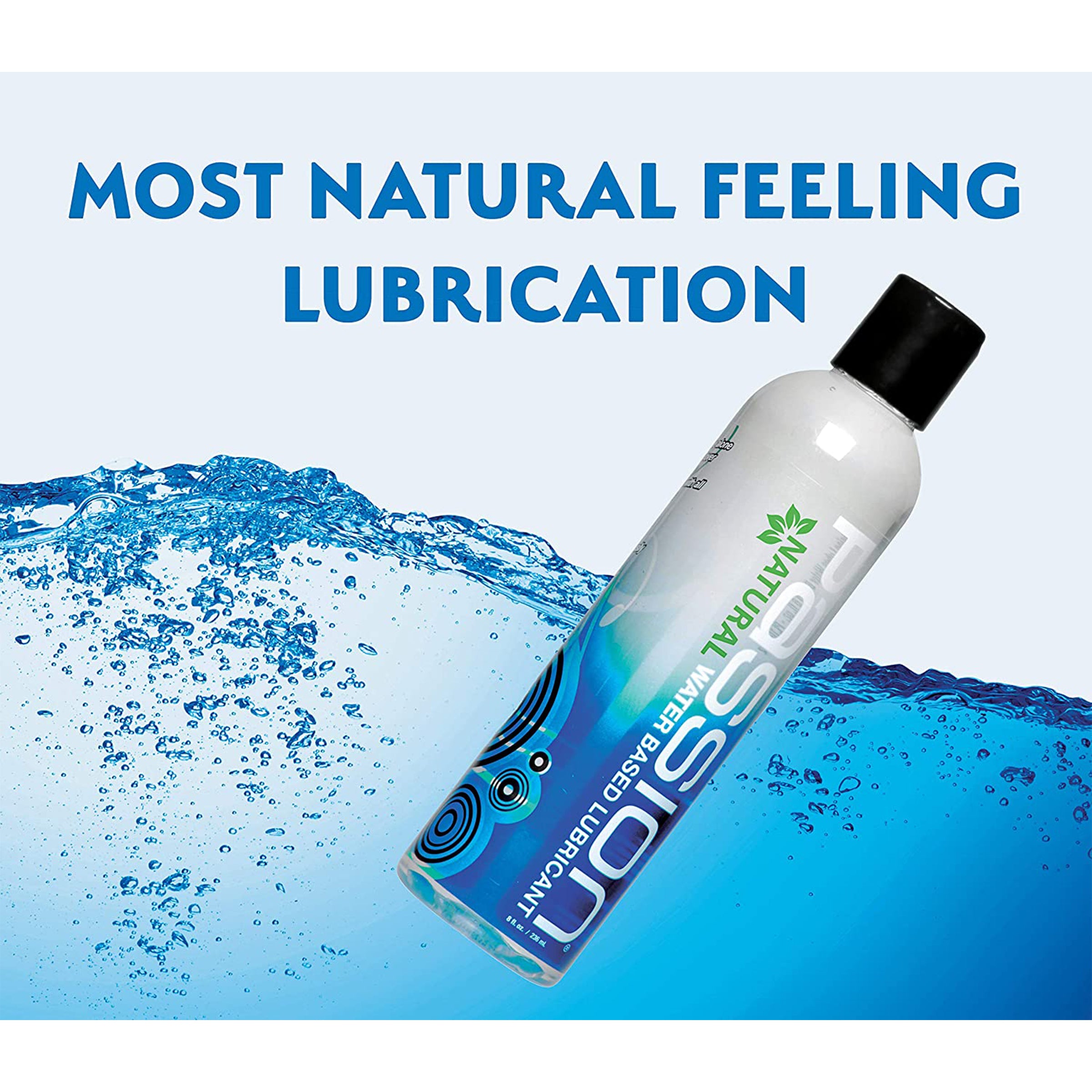 Passion Natural Water-Based Lubricant in a clear 8 oz bottle, designed for enhanced intimacy and pleasure.