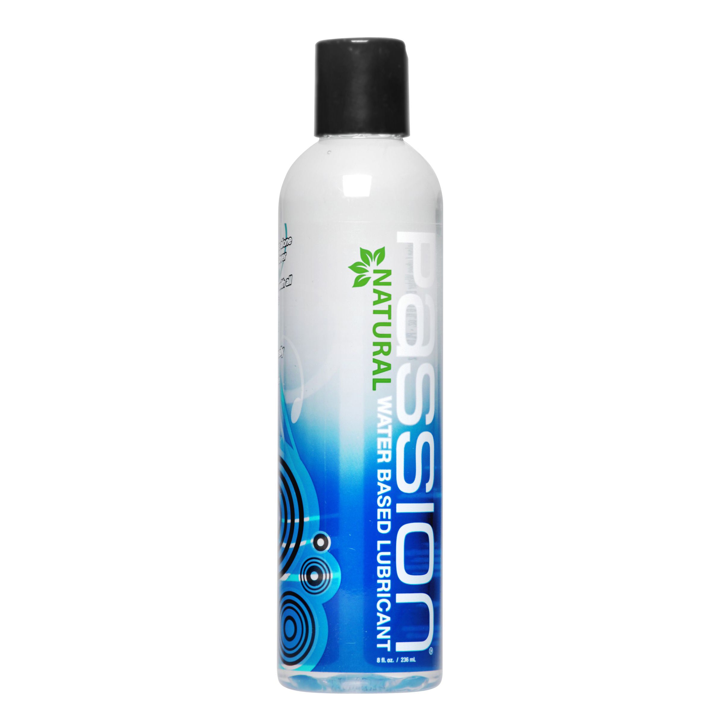 Passion Natural Water-Based Lubricant in a clear 8 oz bottle, designed for enhanced intimacy and pleasure.