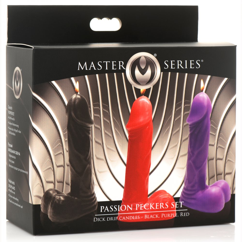 Passion Peckers Set featuring three pecker-shaped candles in Black, Purple, and Red, designed for sensual wax play.