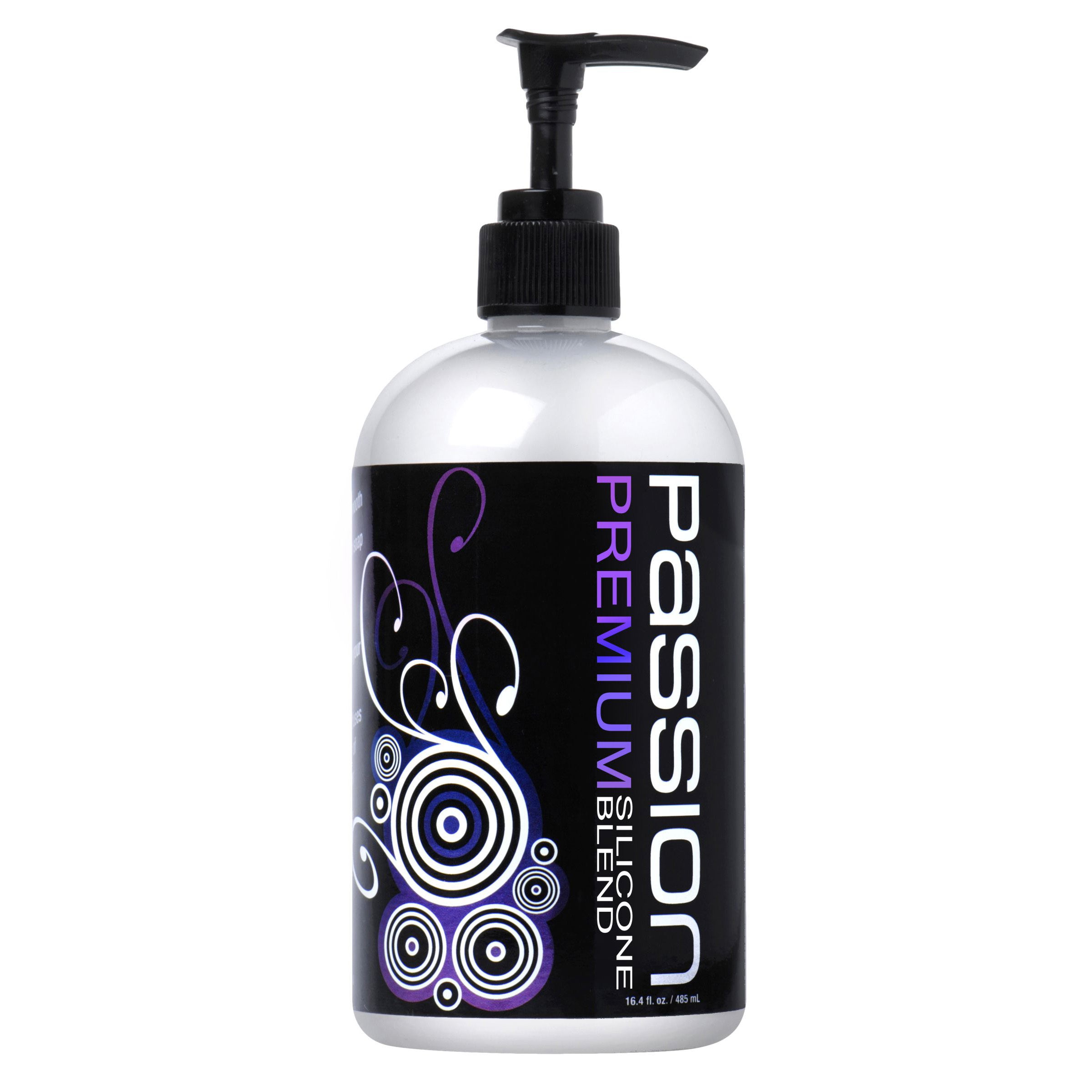 Passion Premium Silicone Blend Lubricant in a sleek 16.4 oz bottle, designed for enhanced pleasure and easy cleanup.