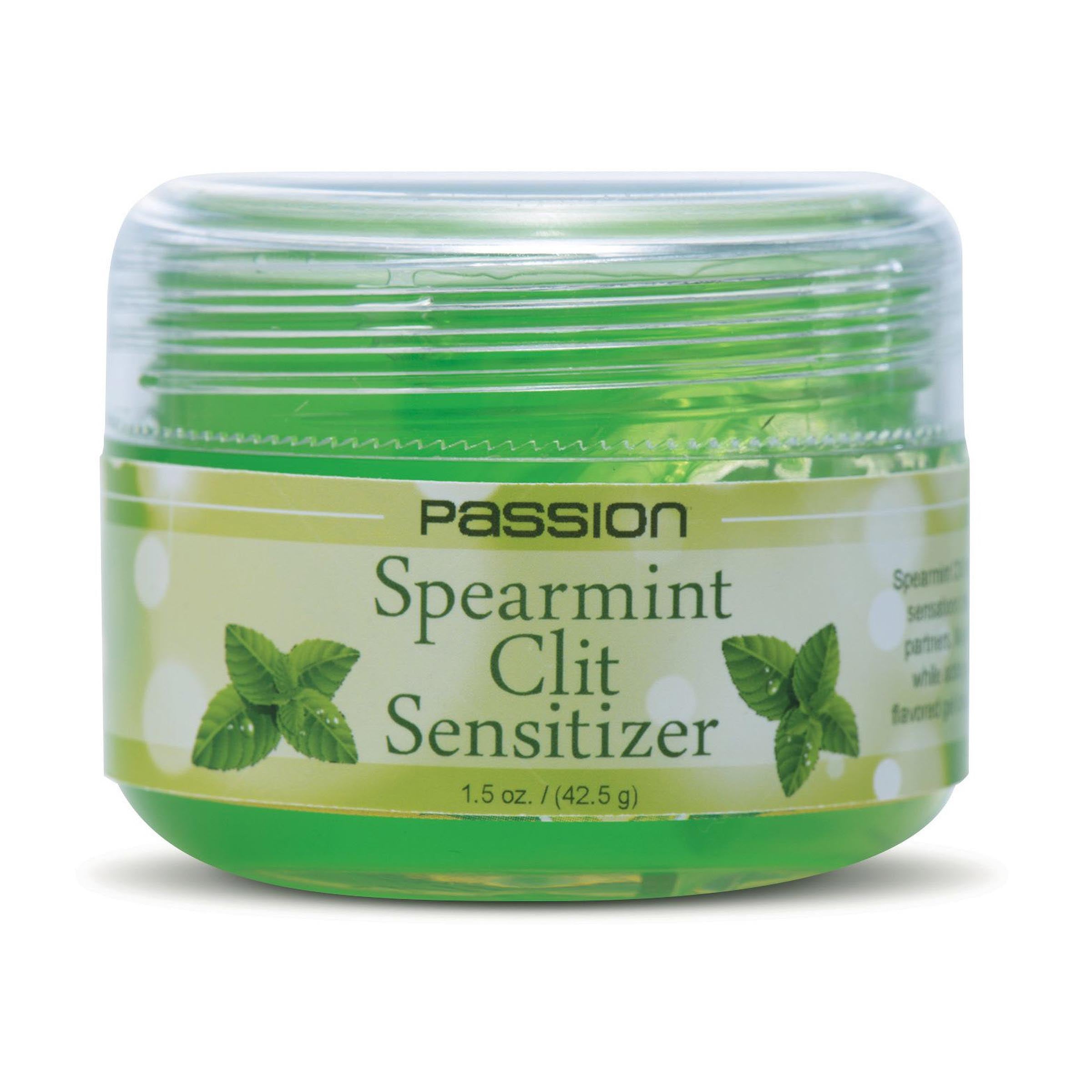 Passion Spearmint Clit Sensitizer gel in a 1.5 oz bottle, featuring a refreshing spearmint flavor for enhanced intimacy.