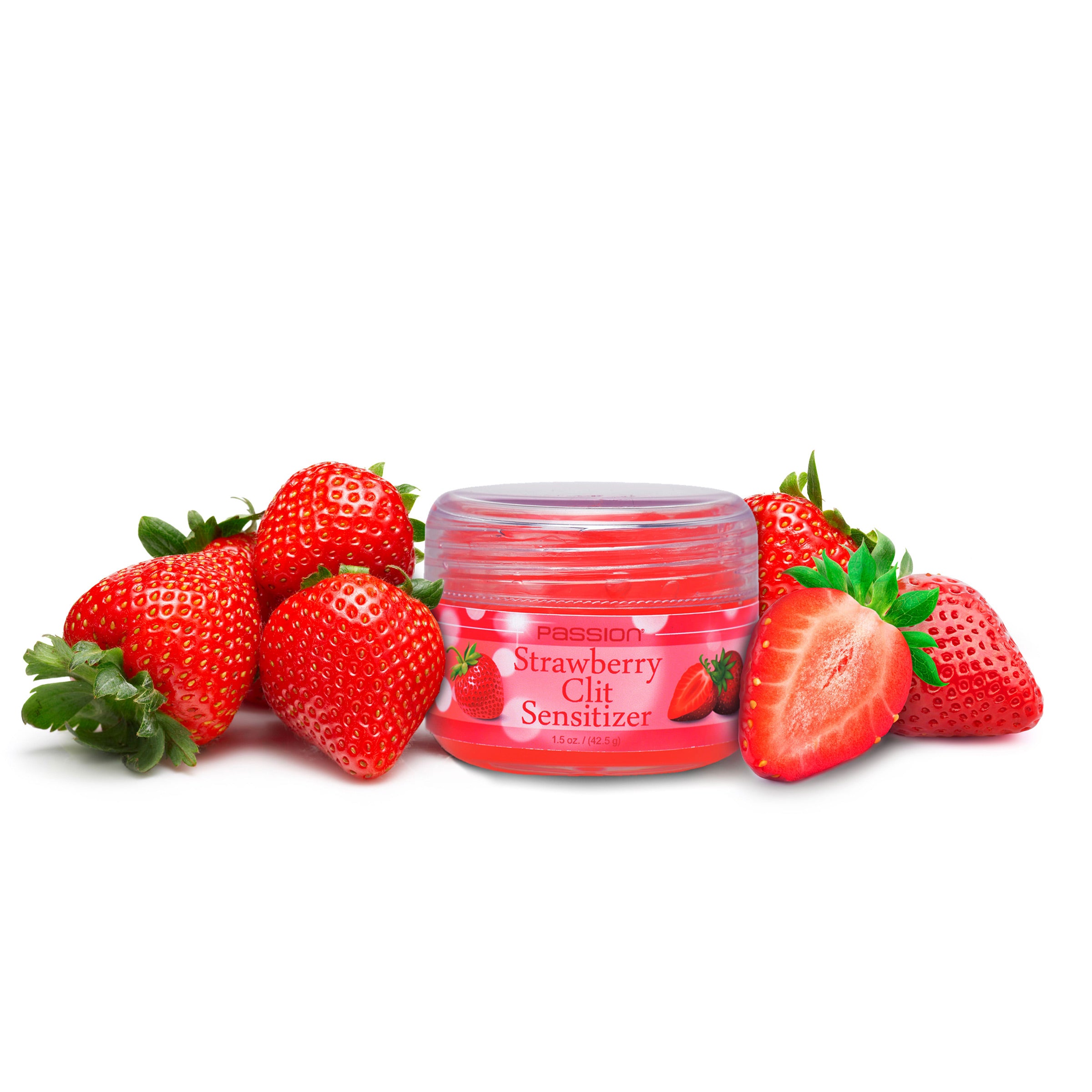 Passion Strawberry Clit Sensitizer 1.5 oz gel in a pink tube, designed for enhancing pleasure with a delicious strawberry flavor.