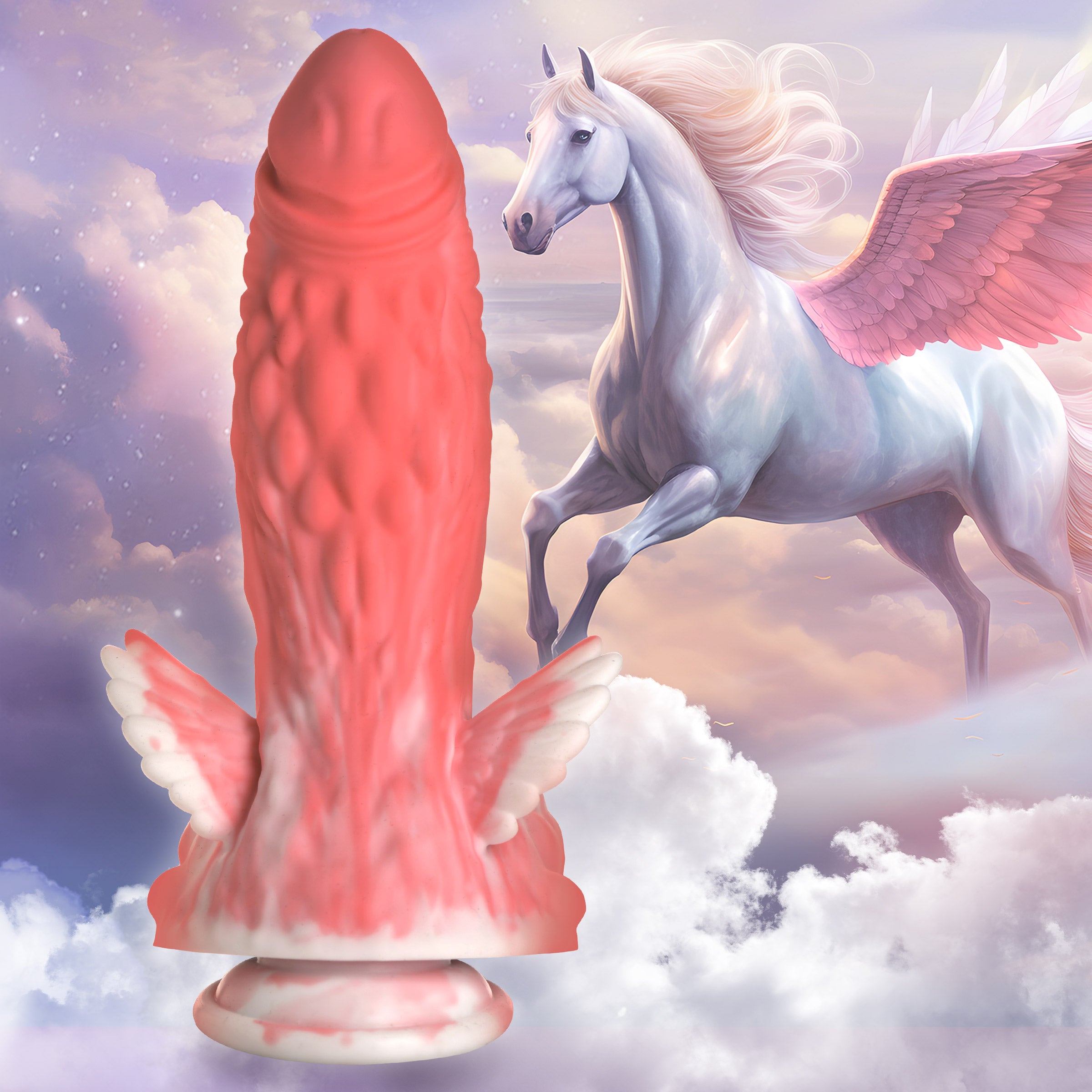 Pegasus Pecker Winged Silicone Dildo in pink and white with textured surface and winged base.