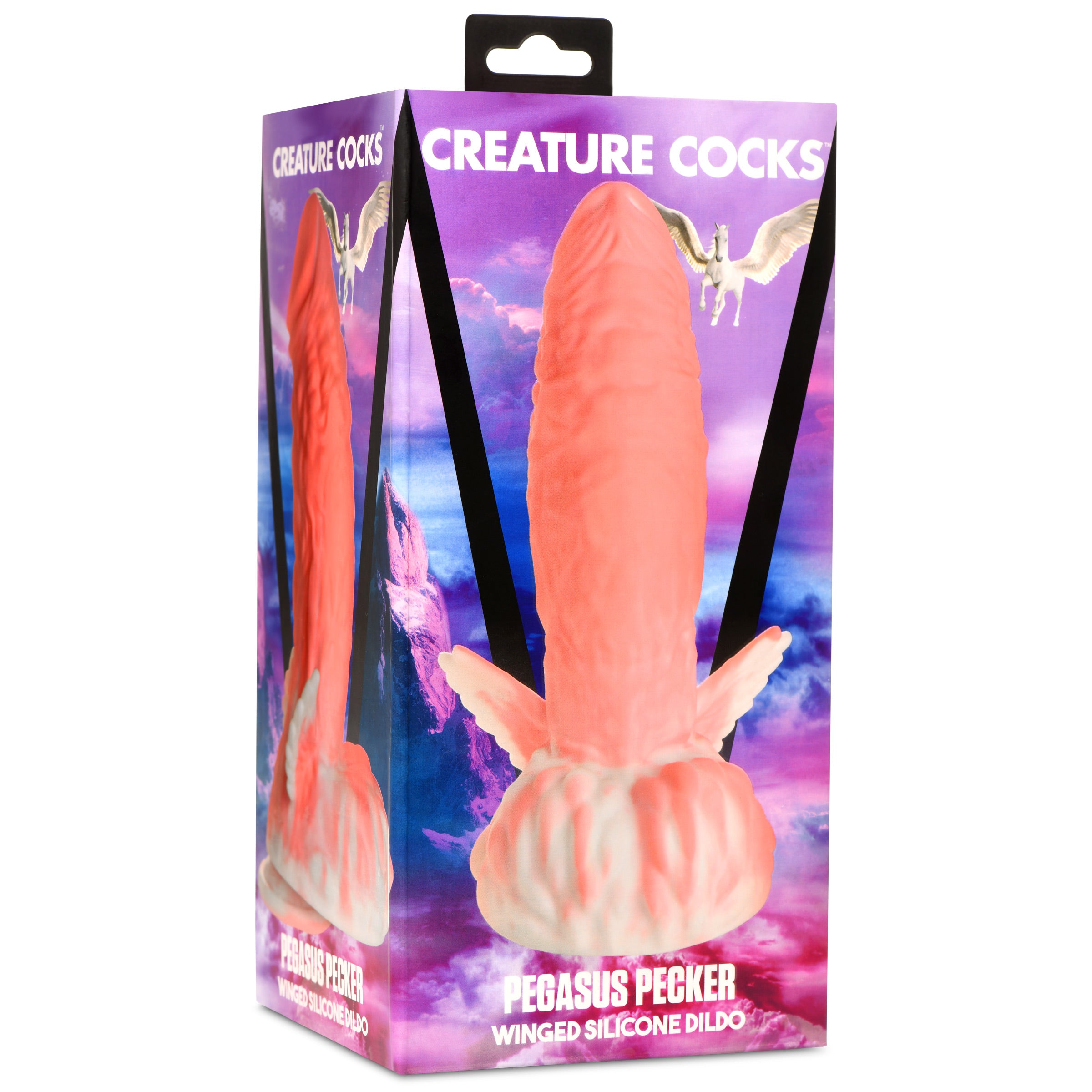 Pegasus Pecker Winged Silicone Dildo in pink and white with textured surface and winged base.