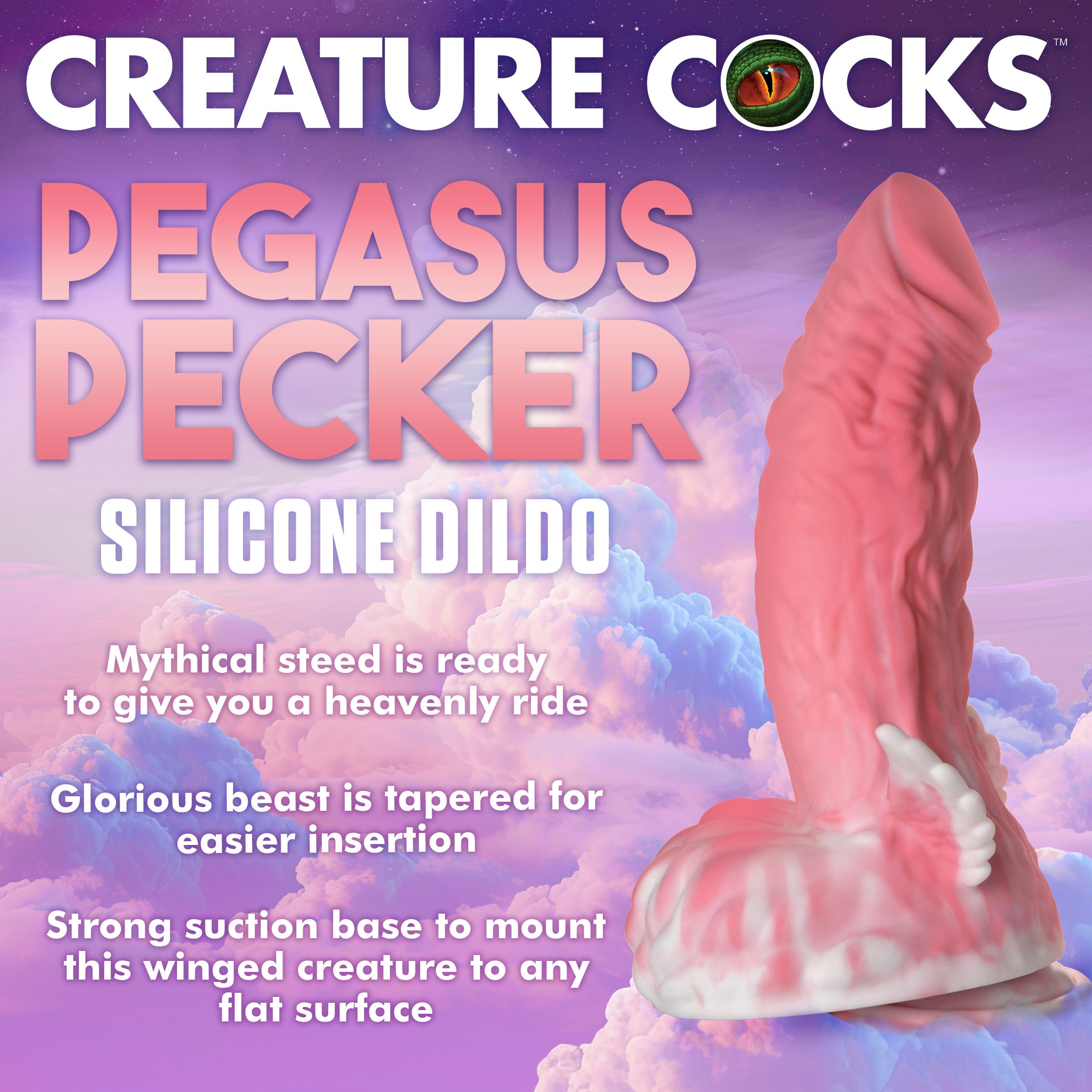 Pegasus Pecker Winged Silicone Dildo in pink and white with textured surface and winged base.