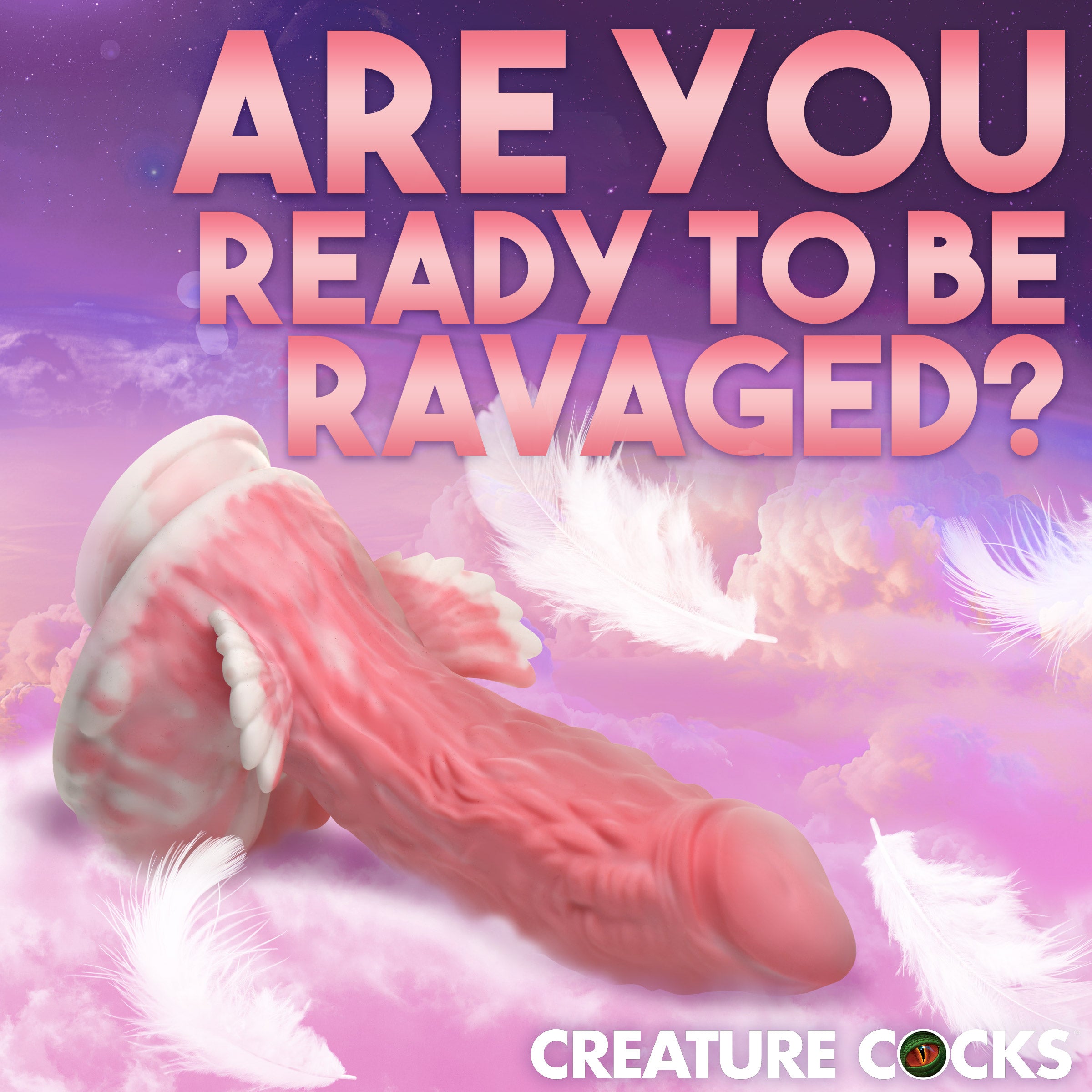 Pegasus Pecker Winged Silicone Dildo in pink and white with textured surface and winged base.