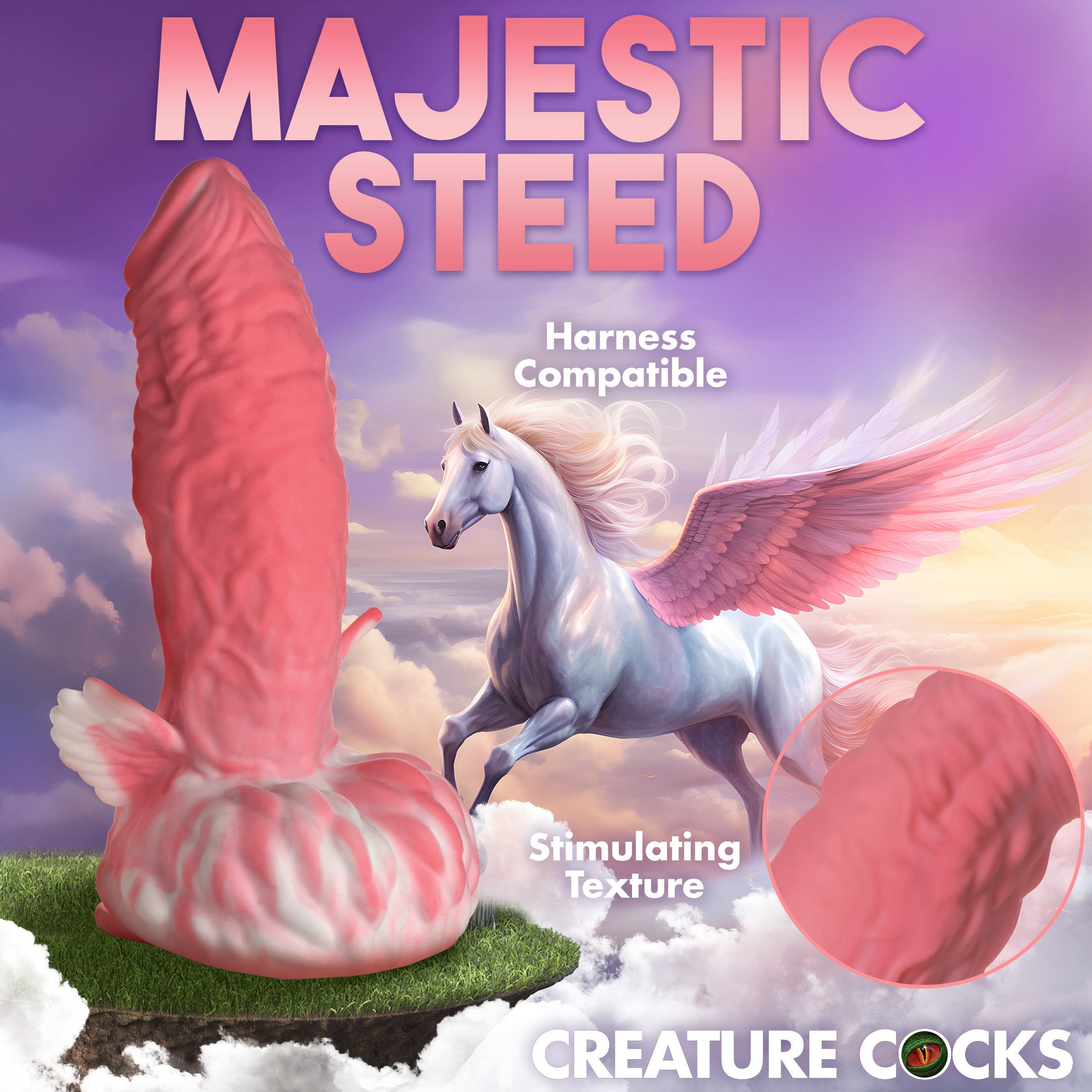 Pegasus Pecker Winged Silicone Dildo in pink and white with textured surface and winged base.