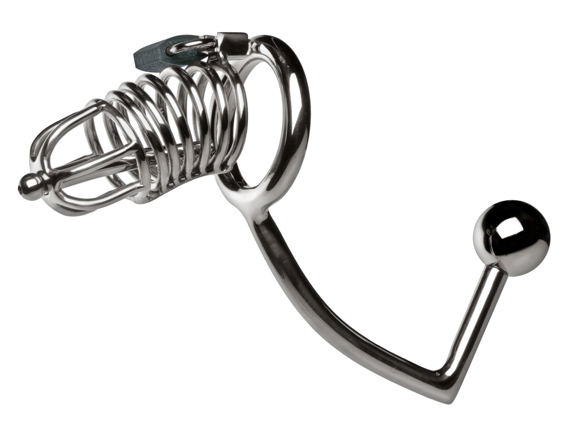 Penetrator Chastity Cage made of shiny stainless steel with a locking mechanism, urethral plug, and anal arm for intense stimulation.