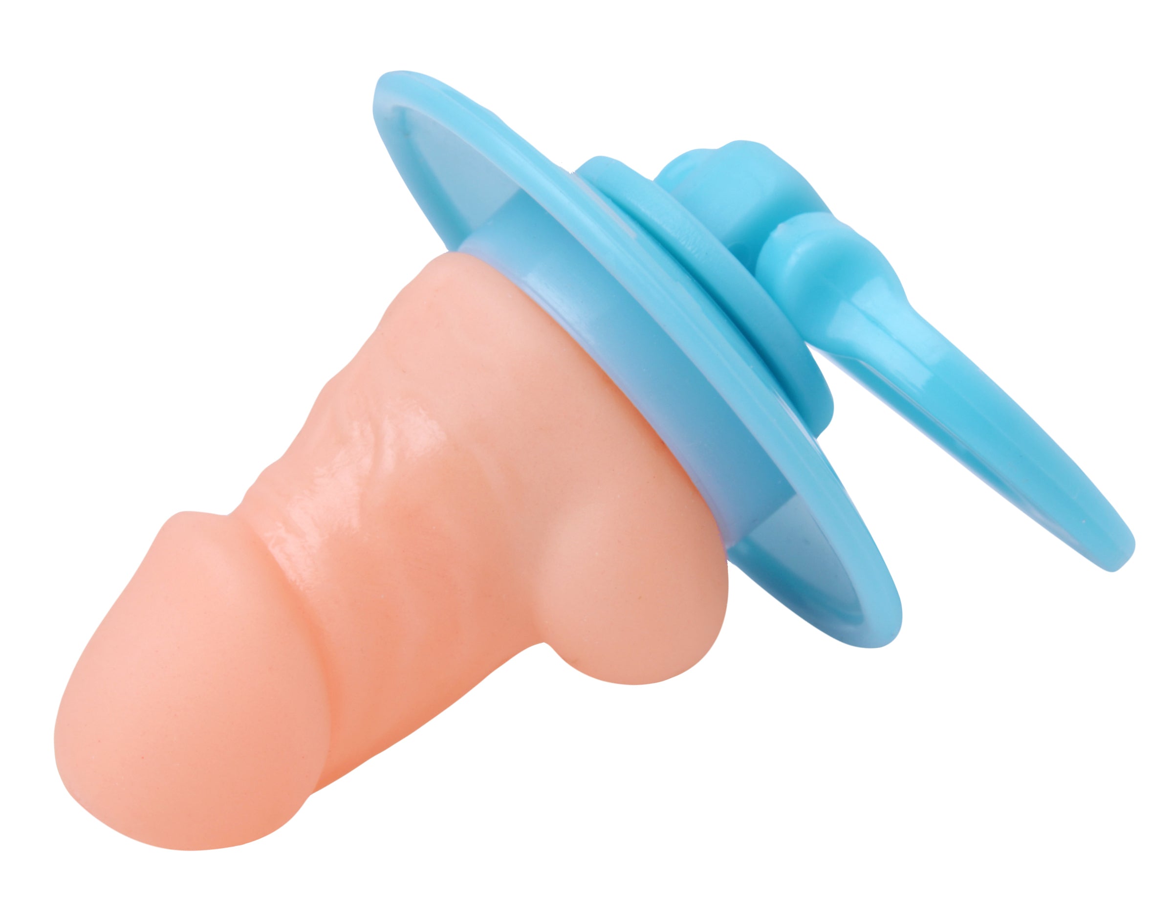 A blue penis-shaped pacifier designed for playful fun, measuring 3.5 inches in total length.