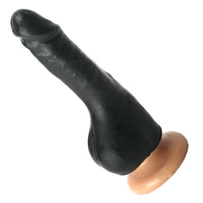 Black latex penis sheath designed for fetish use, encasing the entire penis for containment.